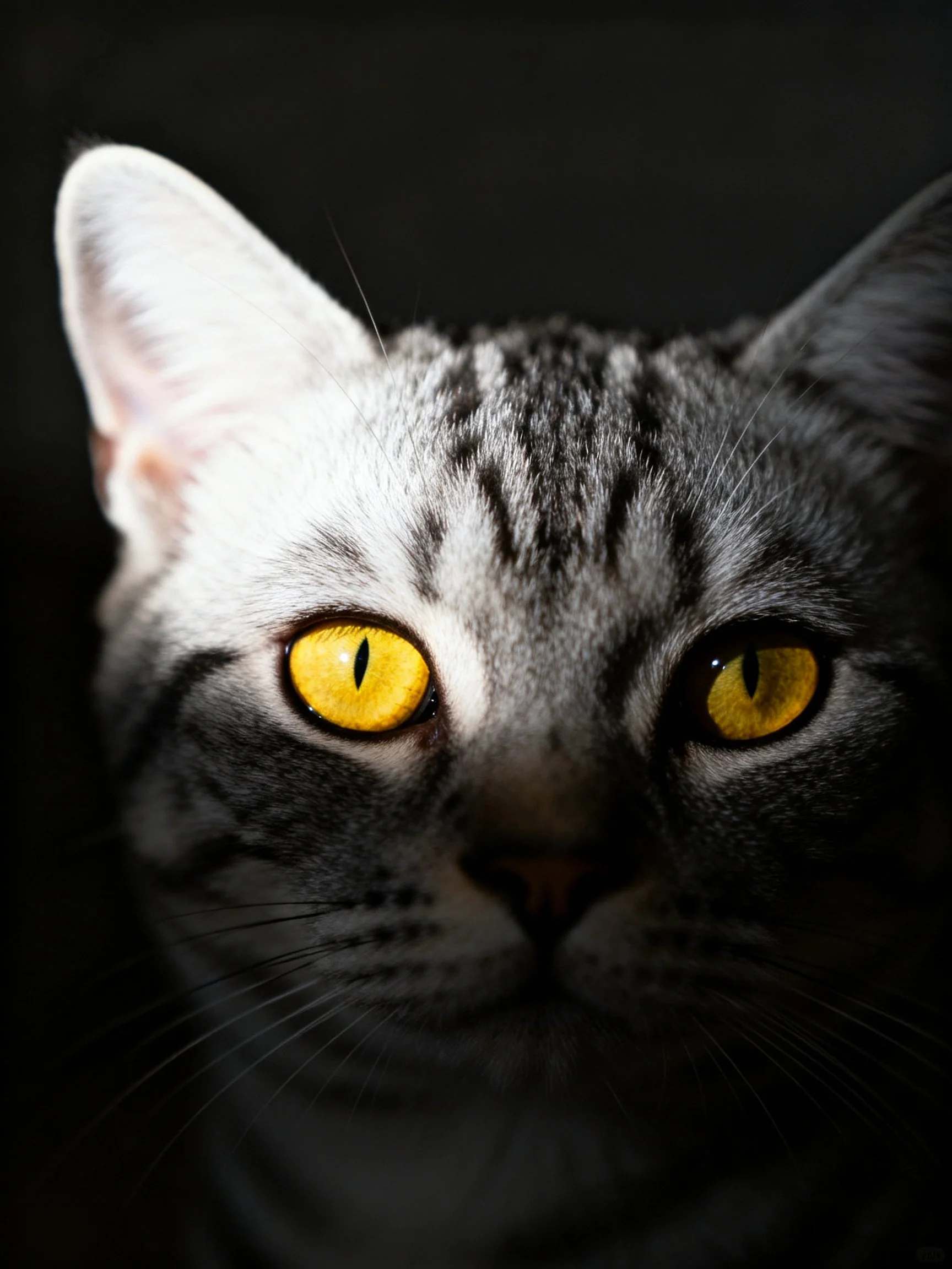 A gray tabby cat with bright yellow eyes is shown up close against a dark backdrop.