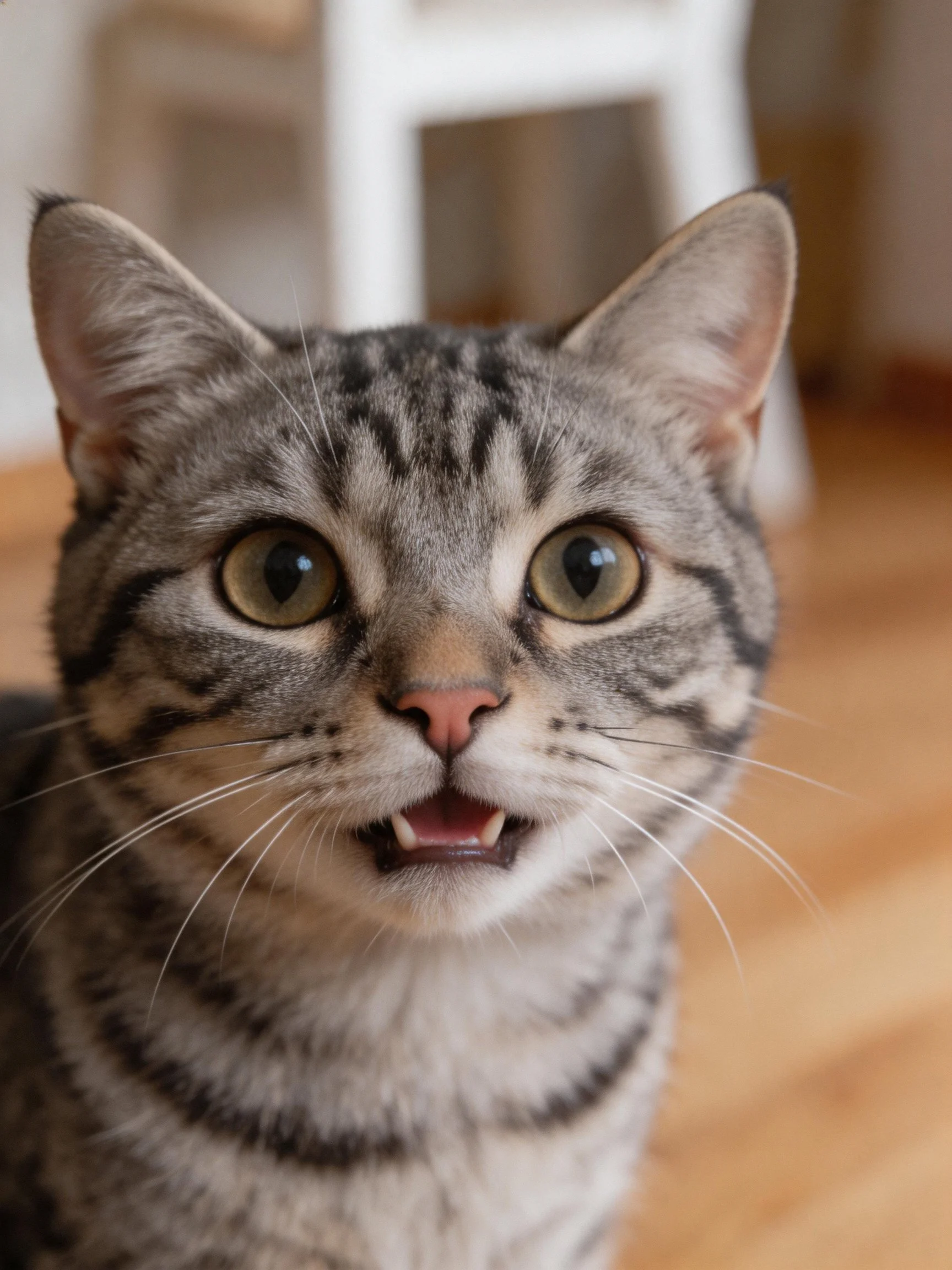 A gray tabby cat with wide eyes looks directly at the camera.