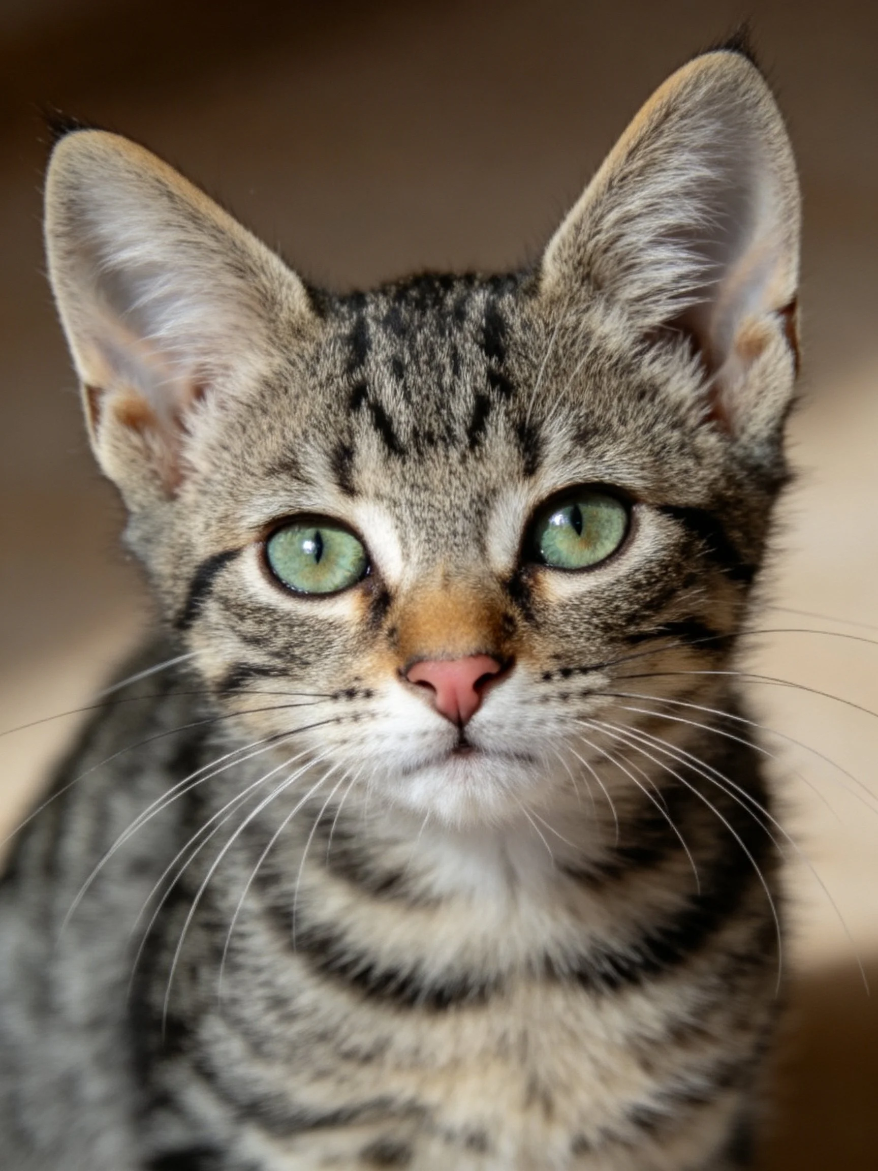 A gray tabby kitten with bright green eyes is captured in a close - up photograph.