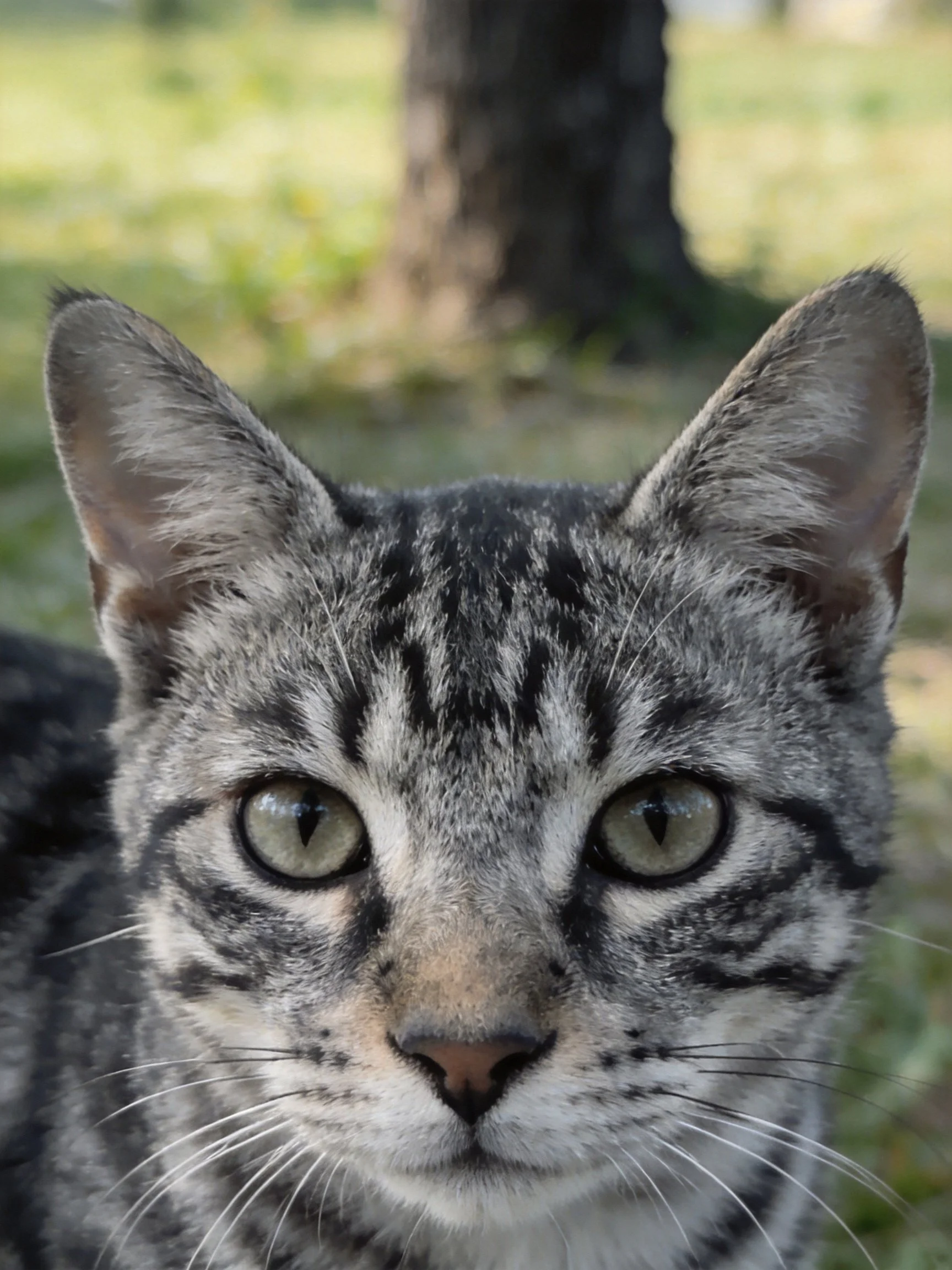 A gray tabby kitten with green eyes stares directly into the camera in an outdoor area.
