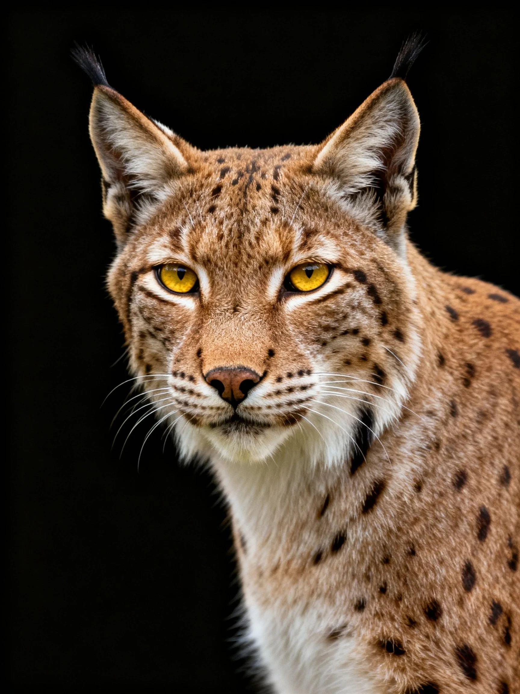 A close - up of a lynx with golden eyes and brown spotted fur