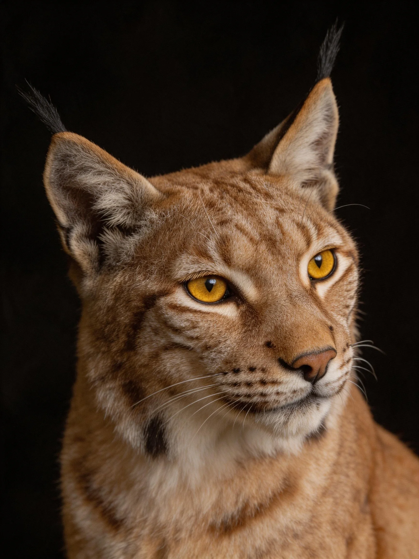 A close-up of a lynx with golden eyes and dark ear tufts