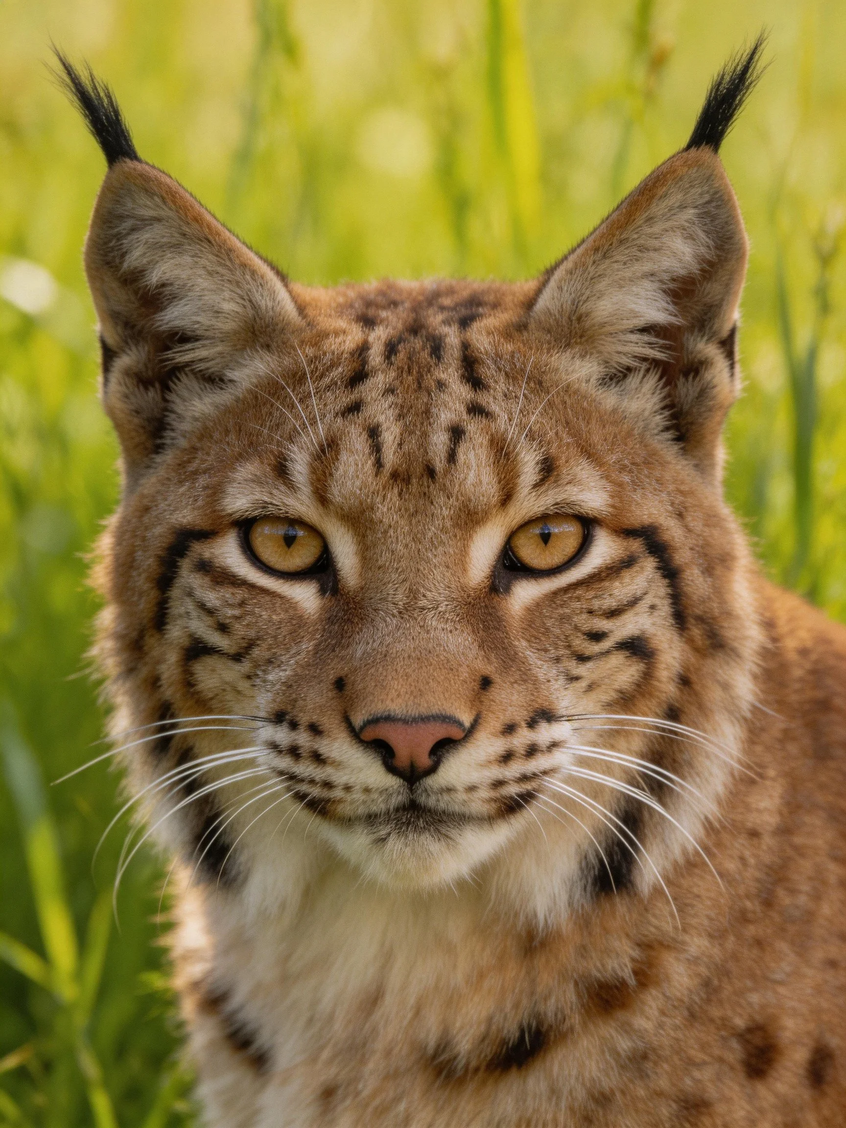 A close - up of a lynx with tufted ears and golden eyes