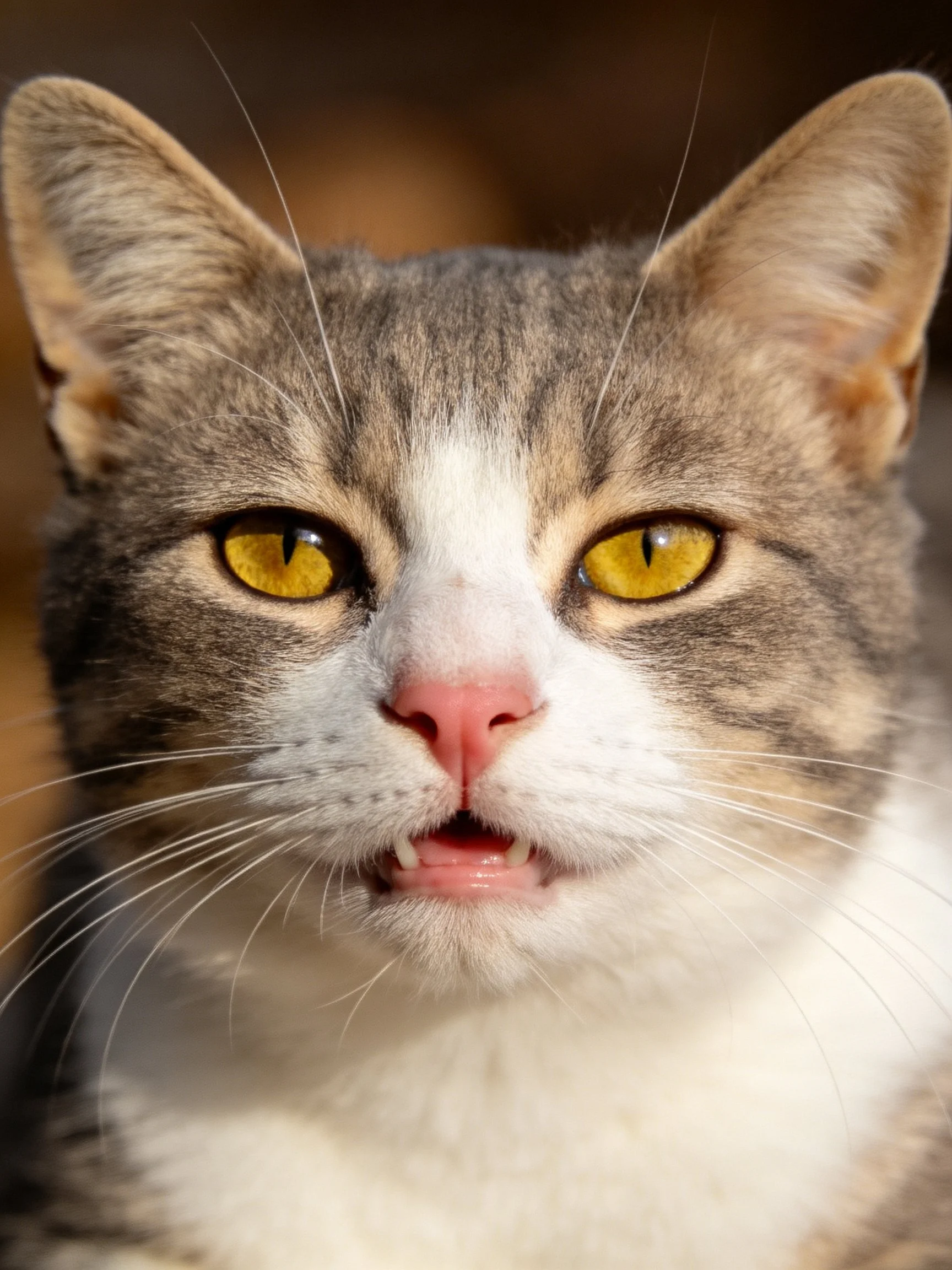A multicolored cat with yellow eyes and pink nose is photographed up close.