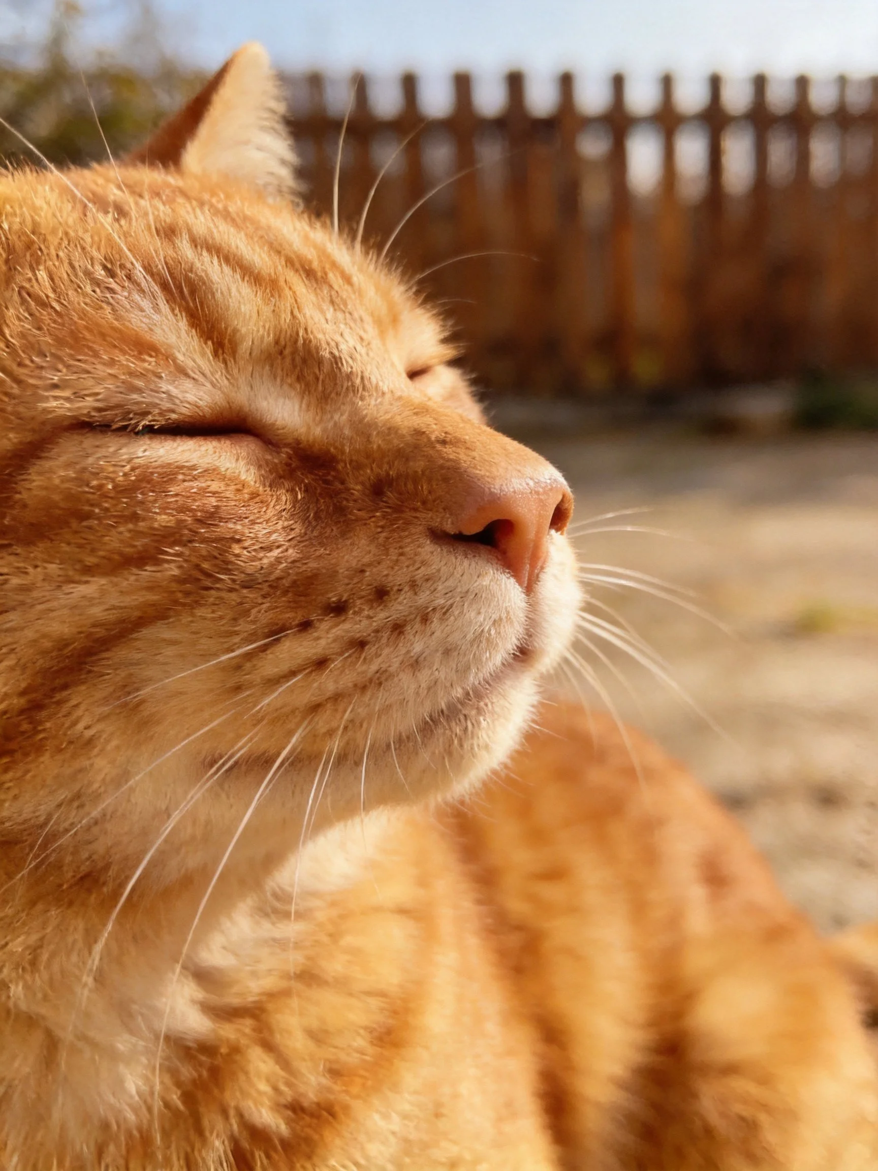 A close - up of a relaxed orange tabby cat outdoors