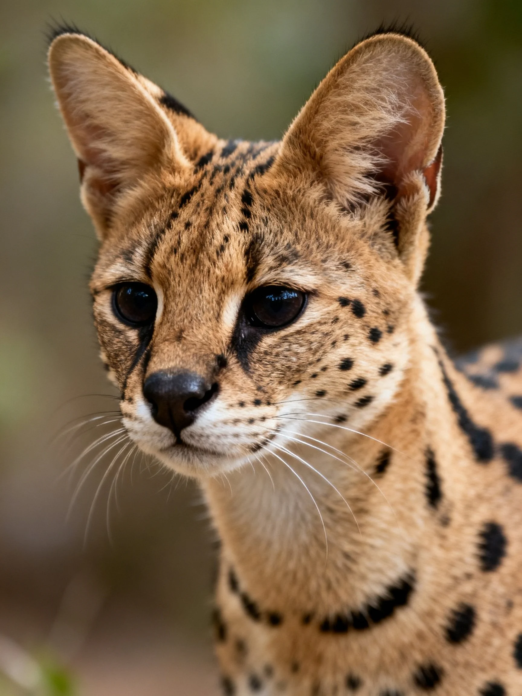 A close - up of a serval with tan spotted fur and large ears