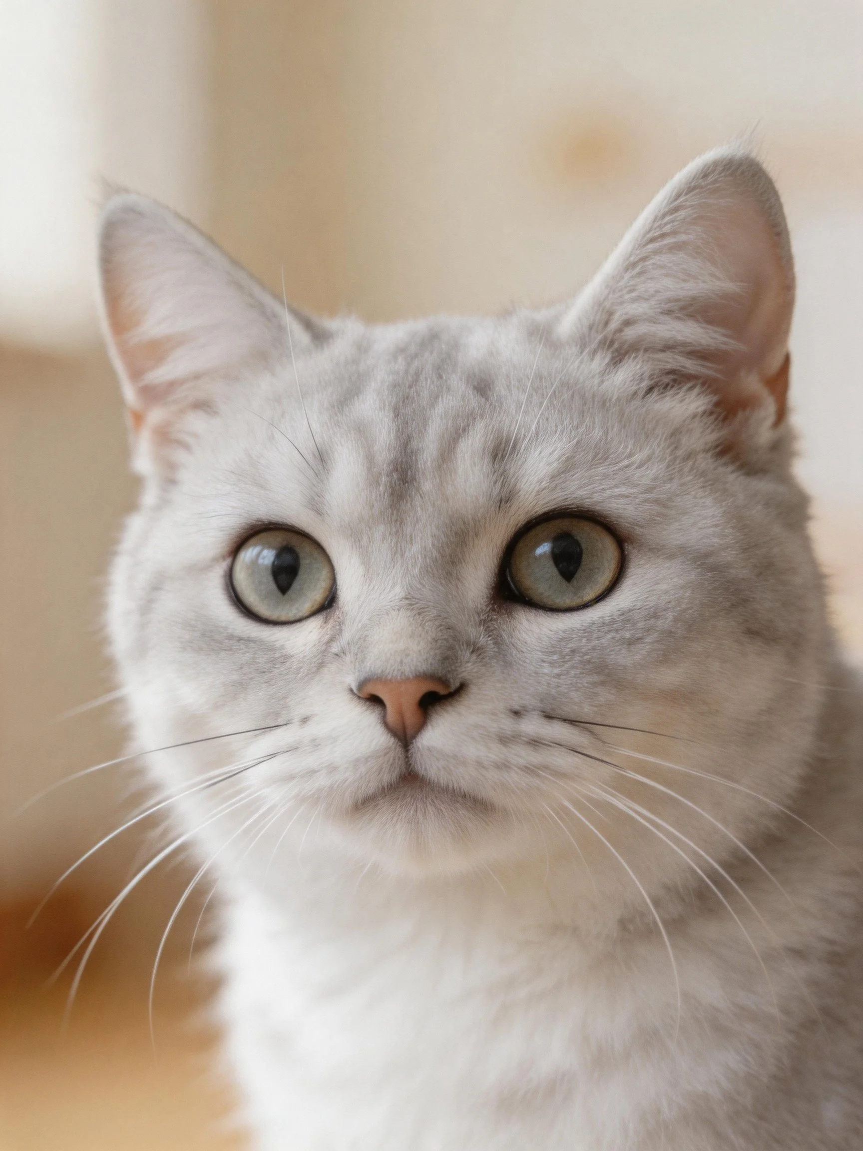 A silver-gray cat with large green eyes is shown up close in a softly lit environment.
