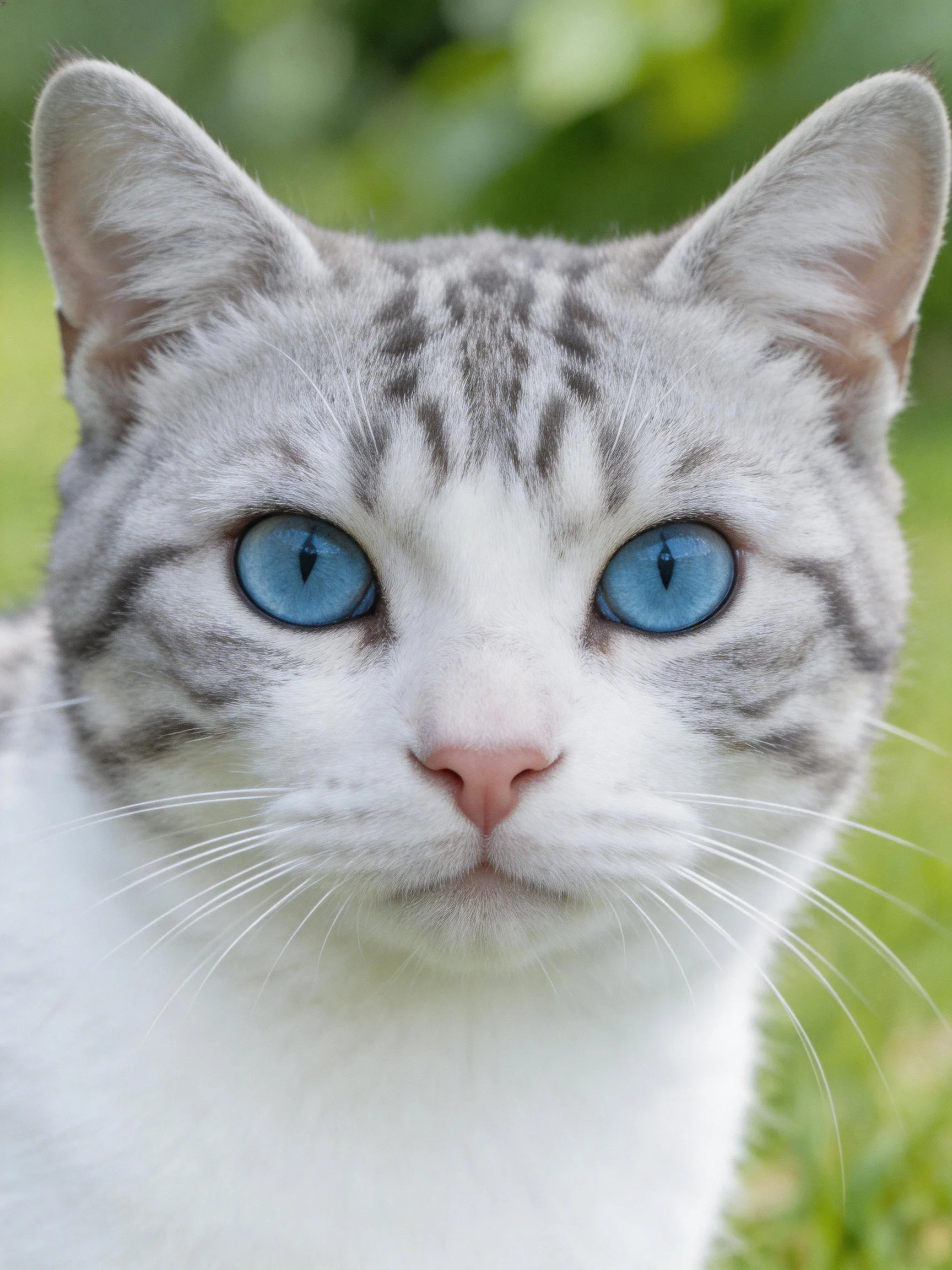 A close - up of a silver tabby cat with bright blue eyes