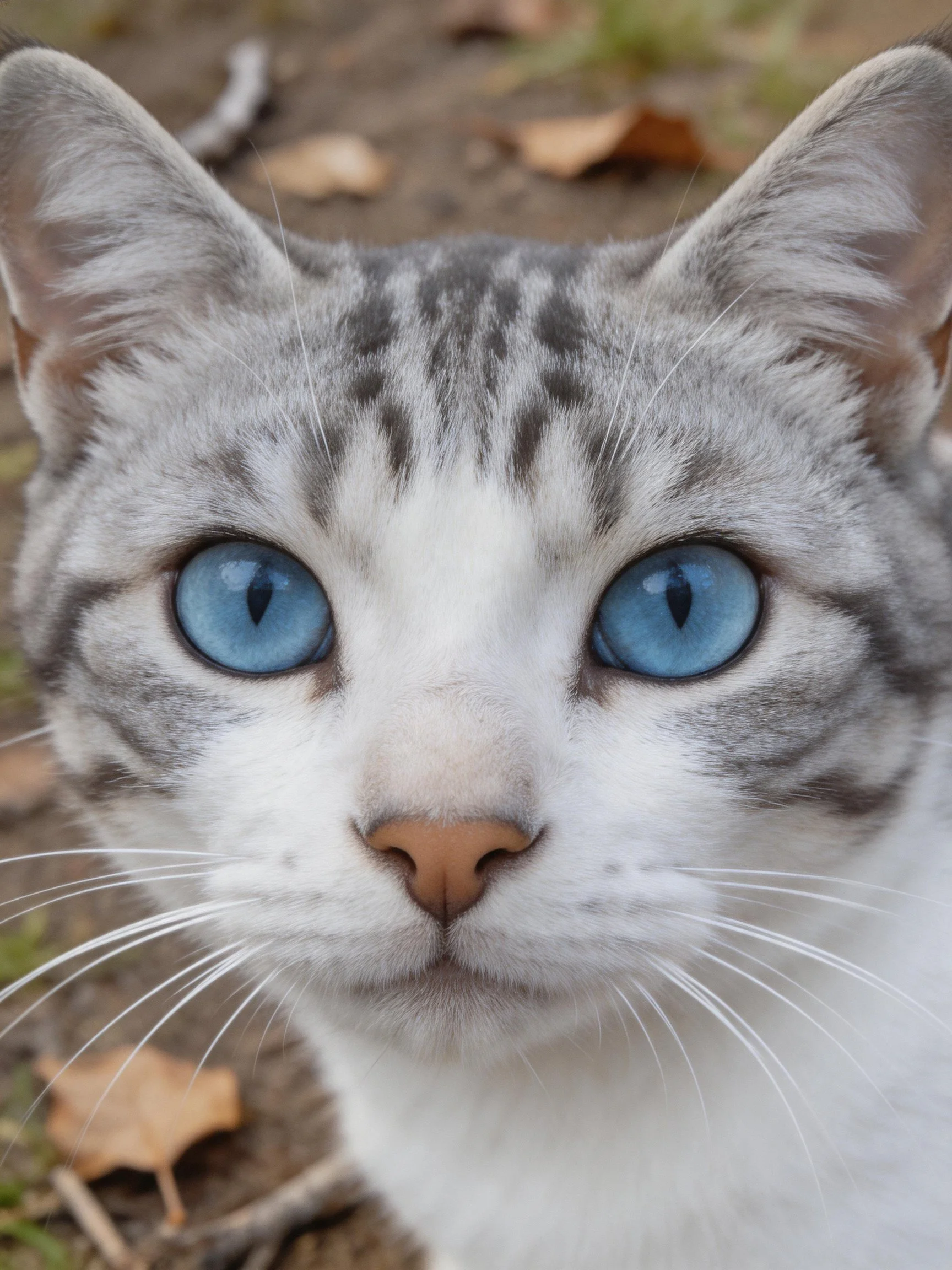 A close-up of a silver tabby cat with bright blue eyes in an outdoor setting.