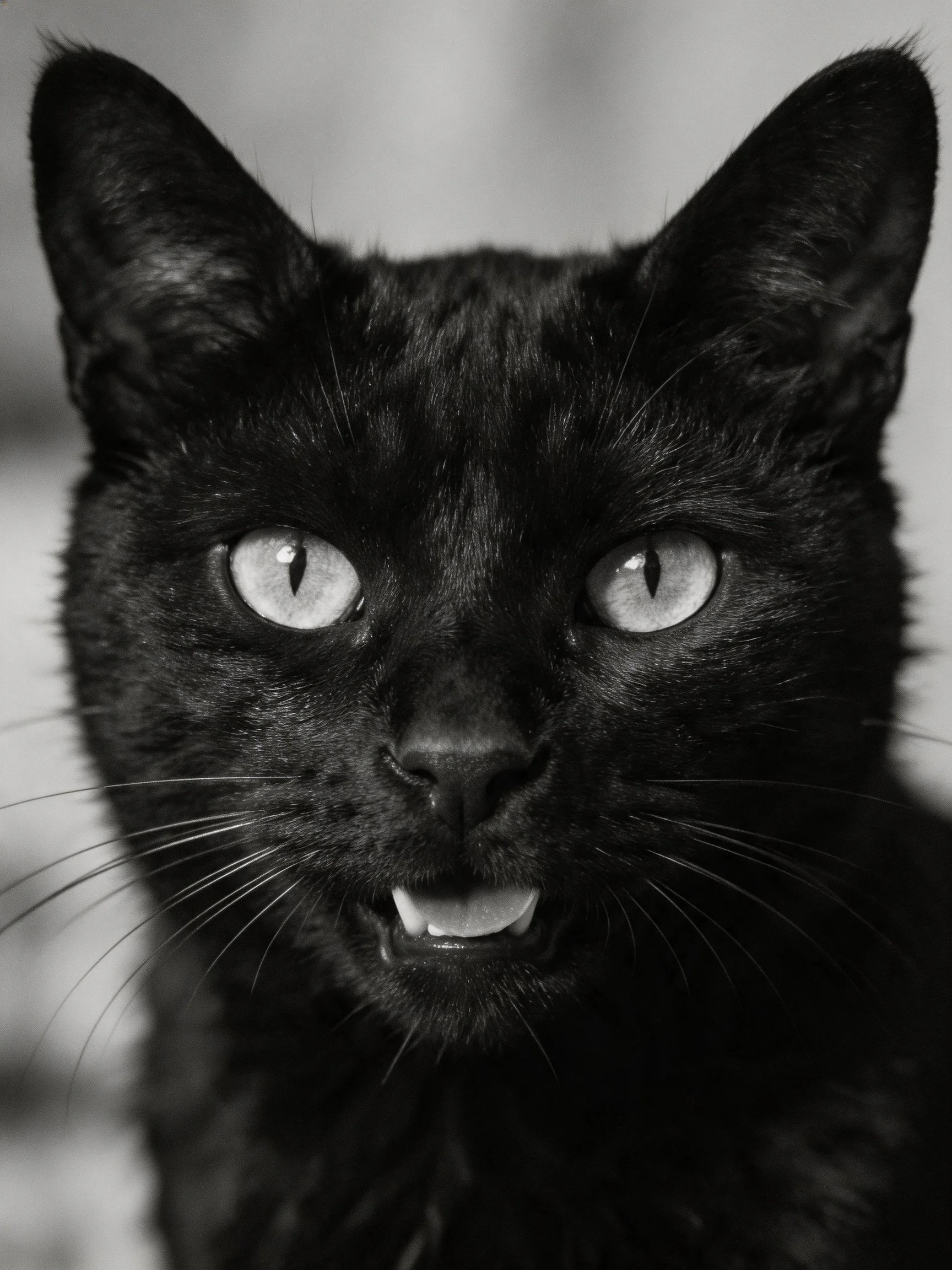 A close-up of a sleek black cat with bright eyes