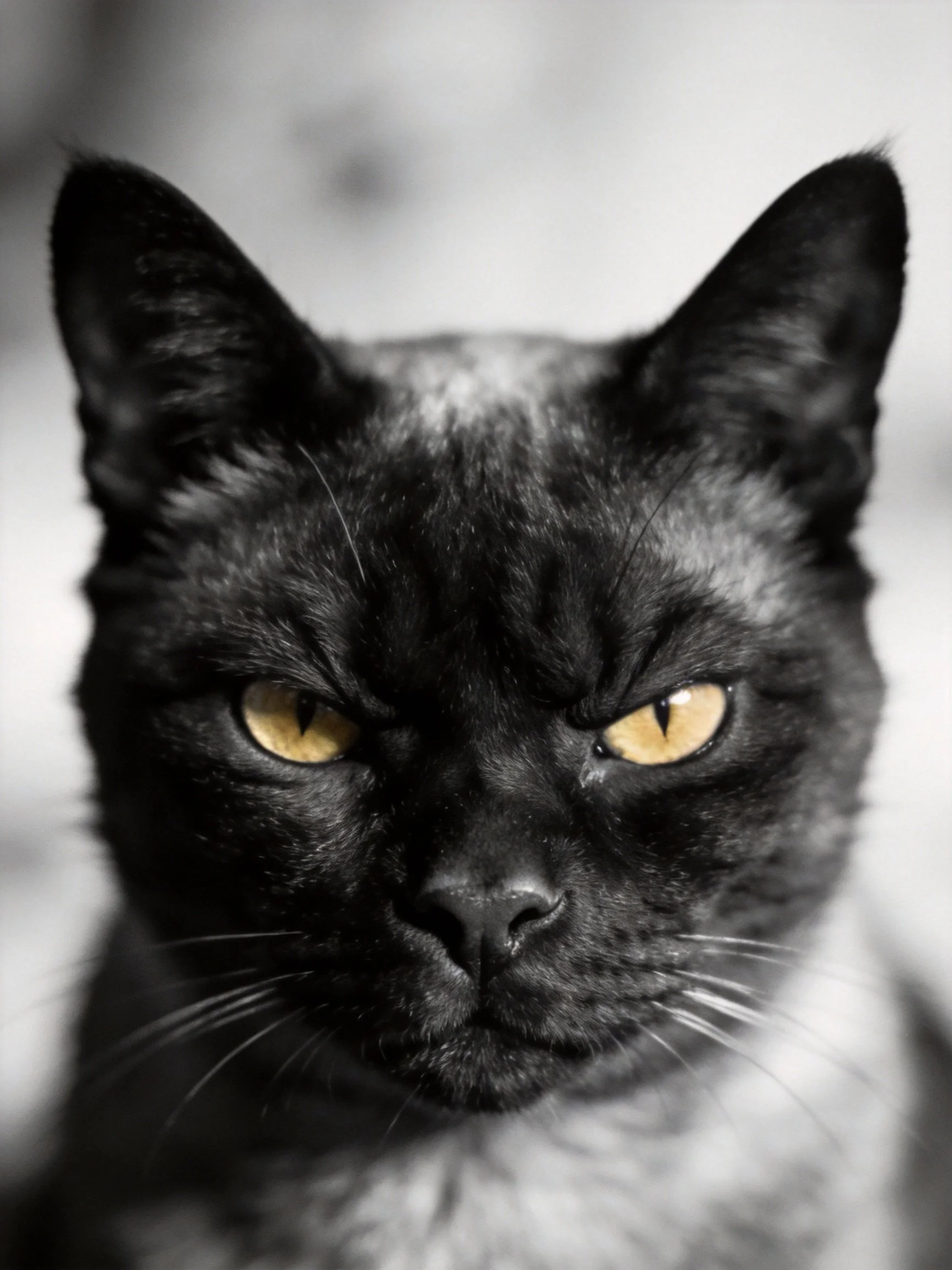 A close-up shows a sleek black cat with intense yellow eyes.