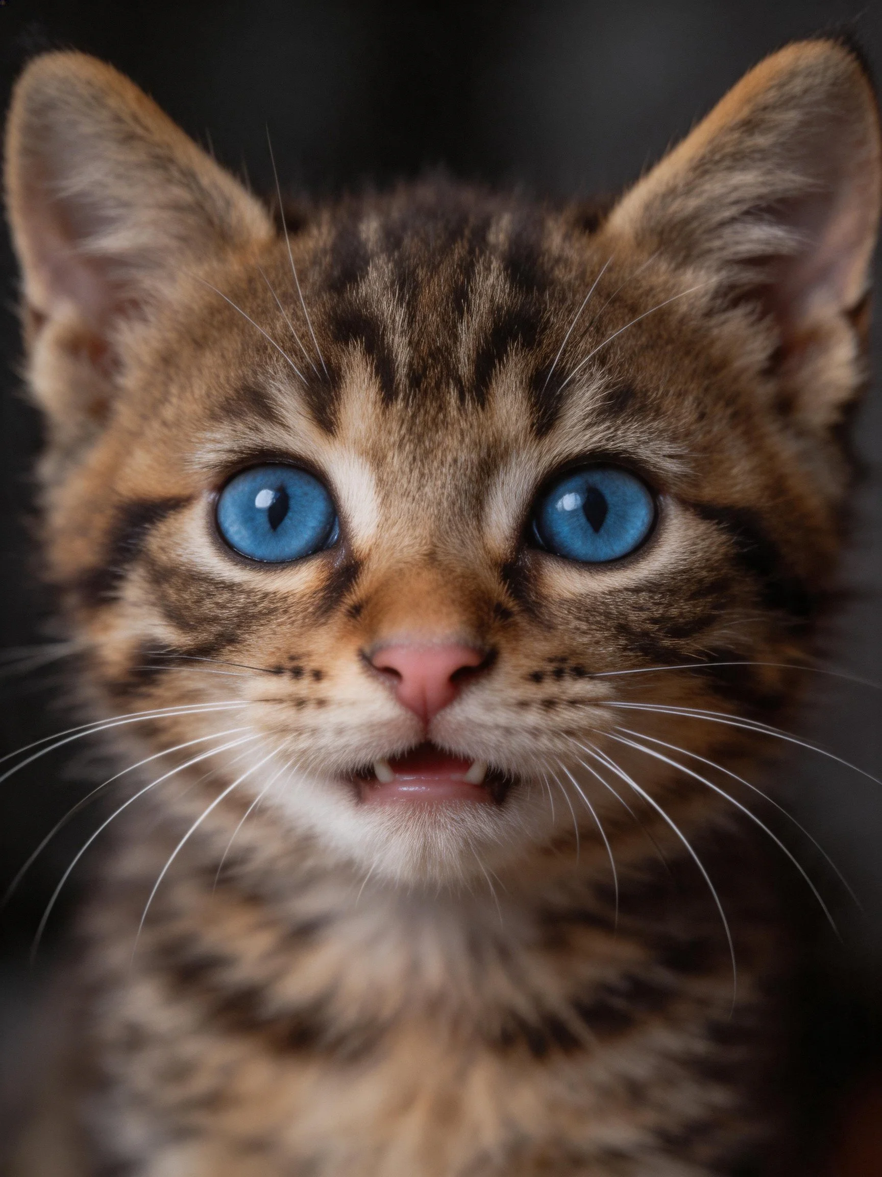 A close-up of a small tabby kitten with bright blue eyes