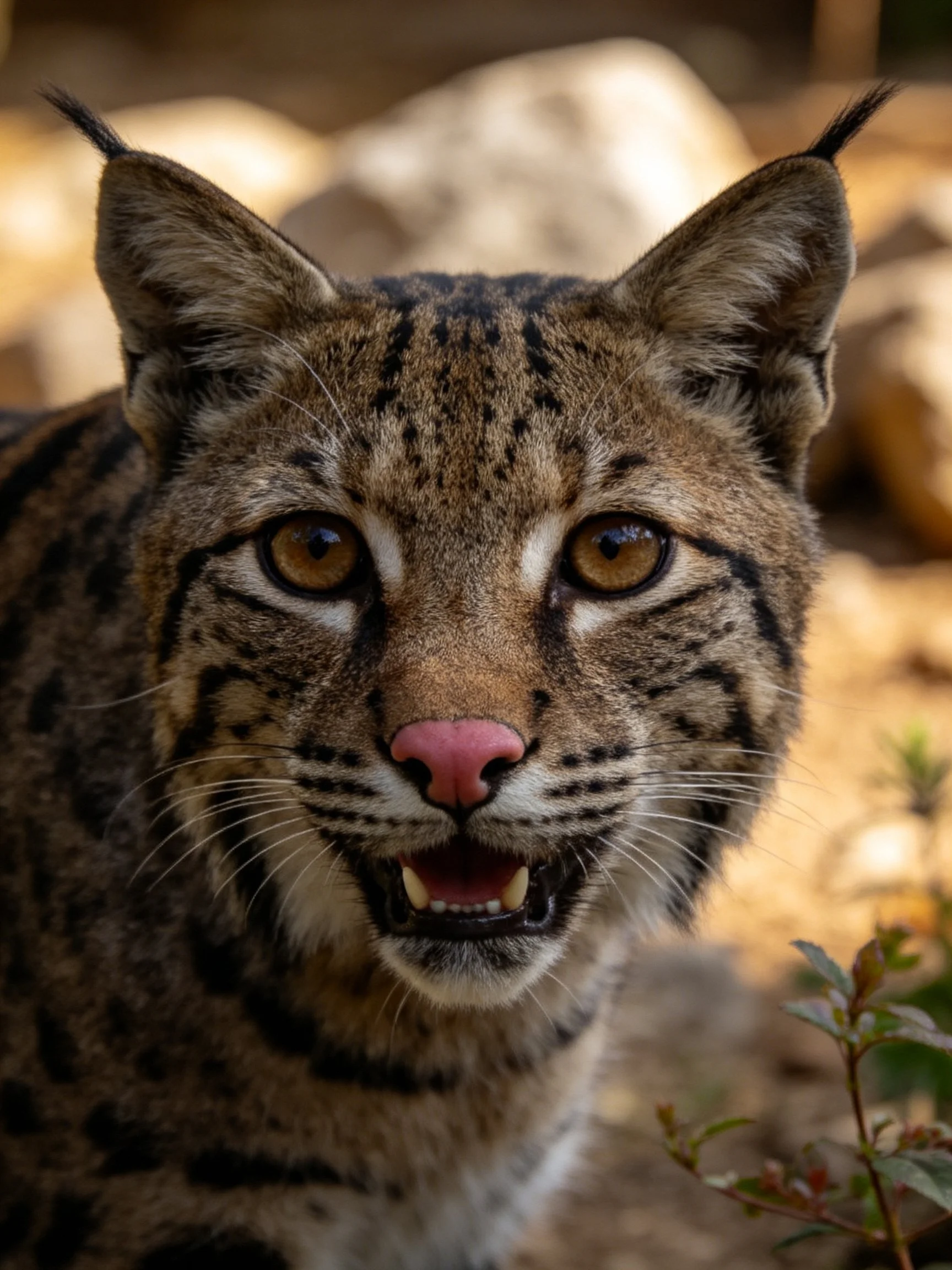 A close - up of a spotted wild cat with pink nose and tufted ears