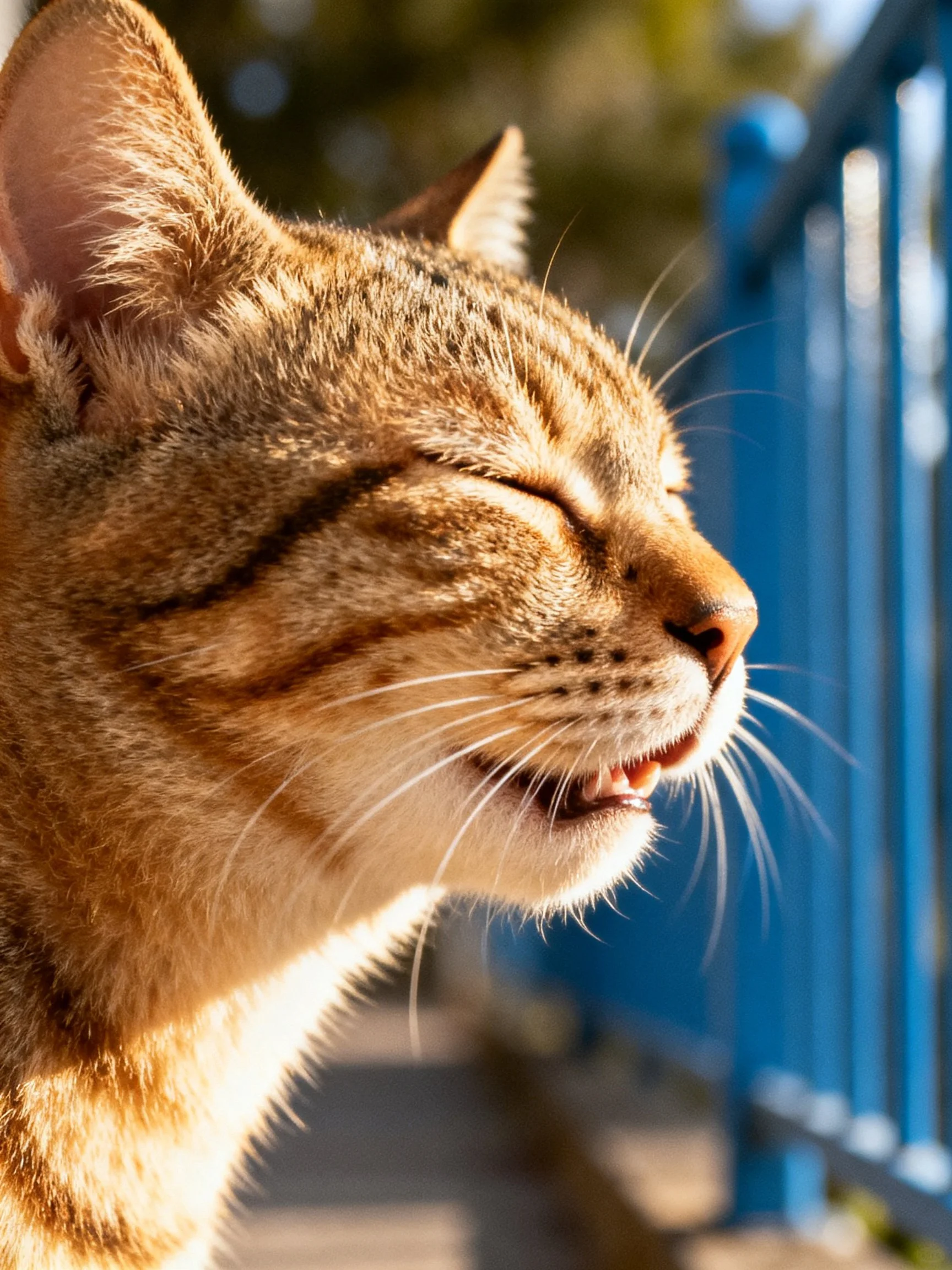 A close - up of a striped tabby cat with closed eyes enjoys sunlight