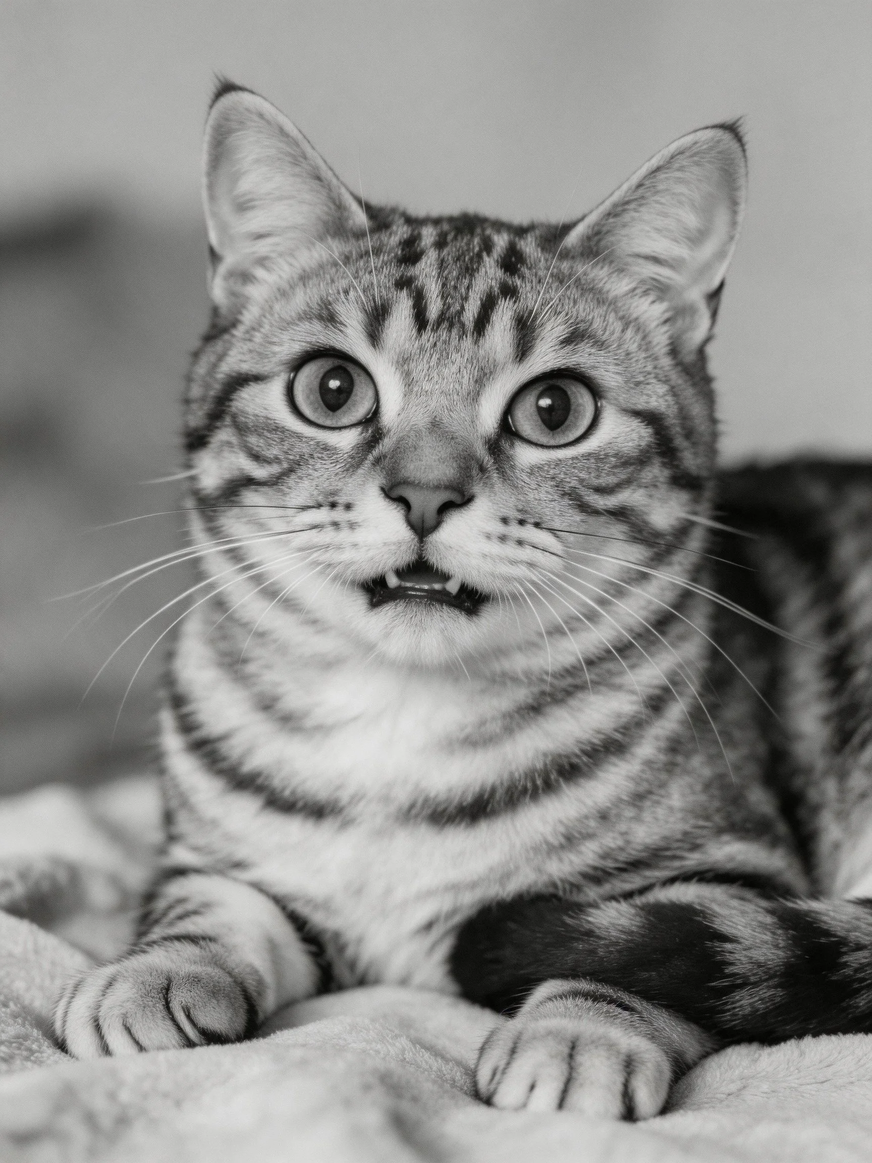 A close-up of a striped tabby cat with wide eyes on a soft surface
