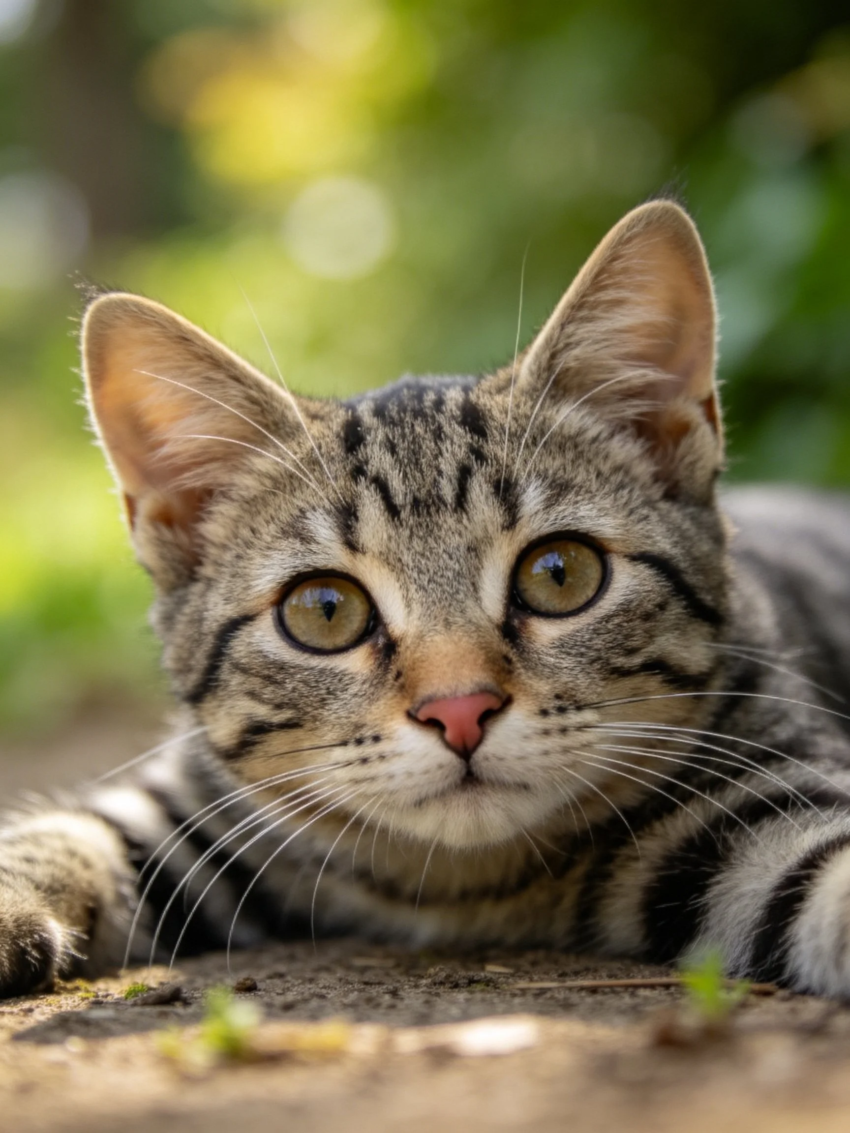 A close-up of a striped tabby kitten with bright eyes