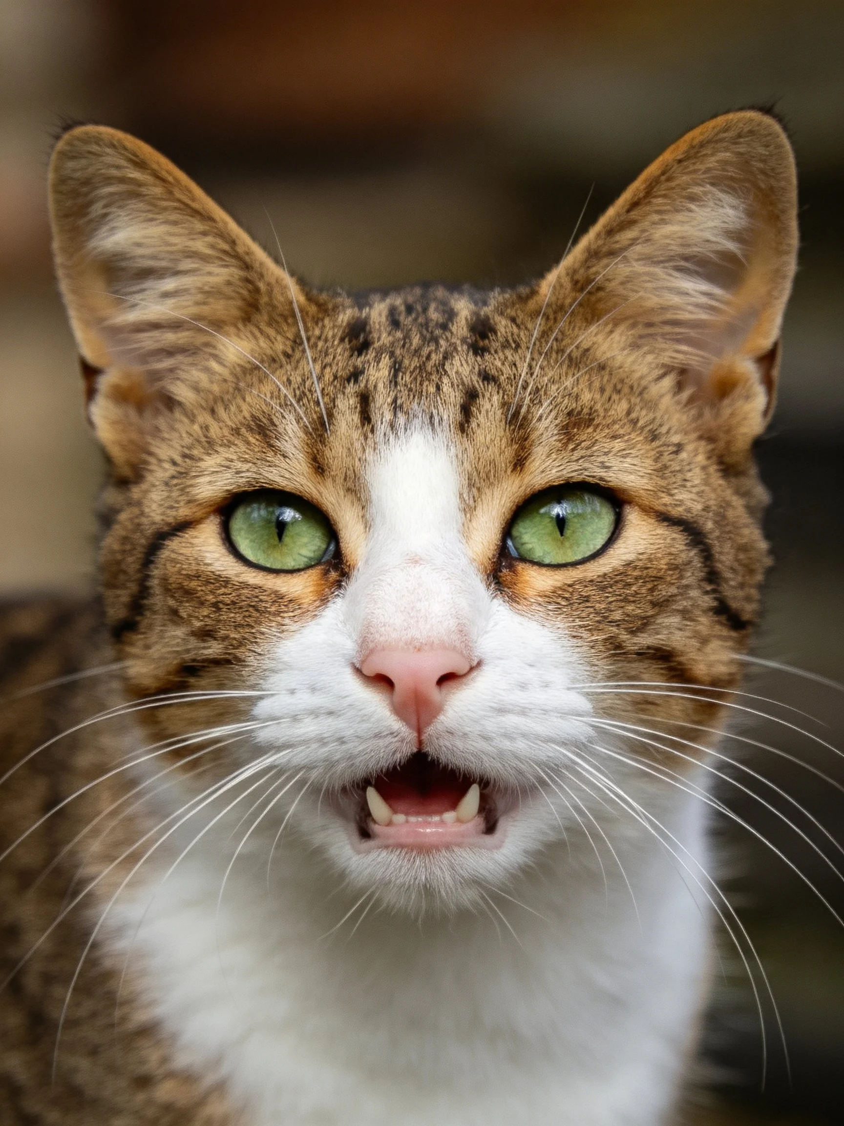 A close - up of a tabby and white cat with bright green eyes.