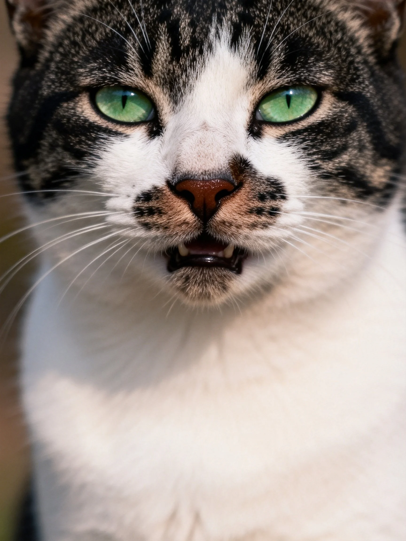 A close - up of a tabby and white cat with vivid green eyes.