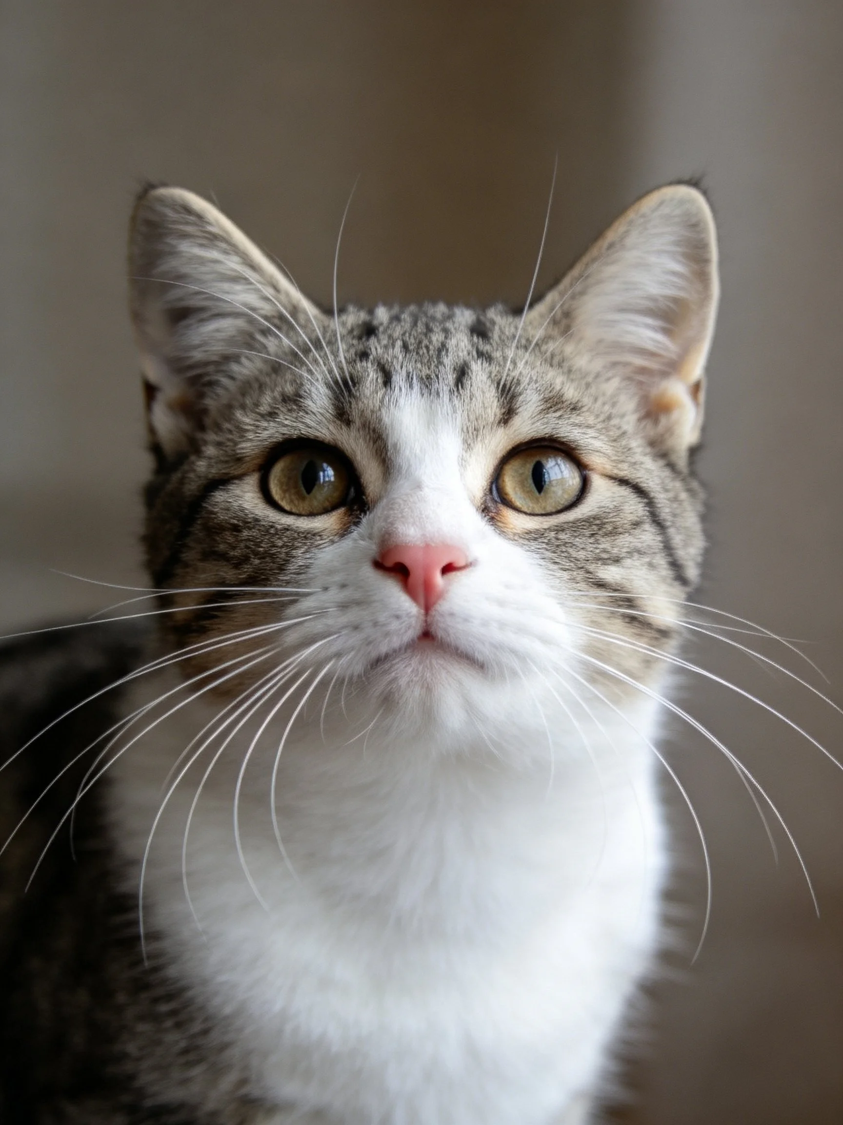 A tabby and white cat looks directly at the camera with large green eyes.