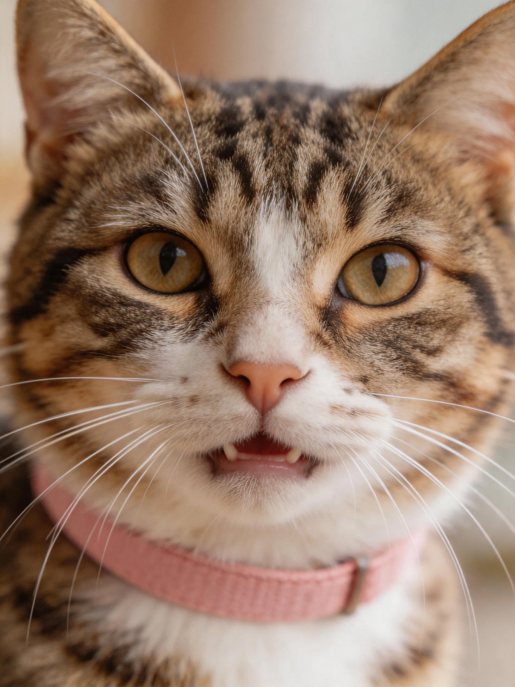 A close - up of a tabby cat with a pink collar and striped fur