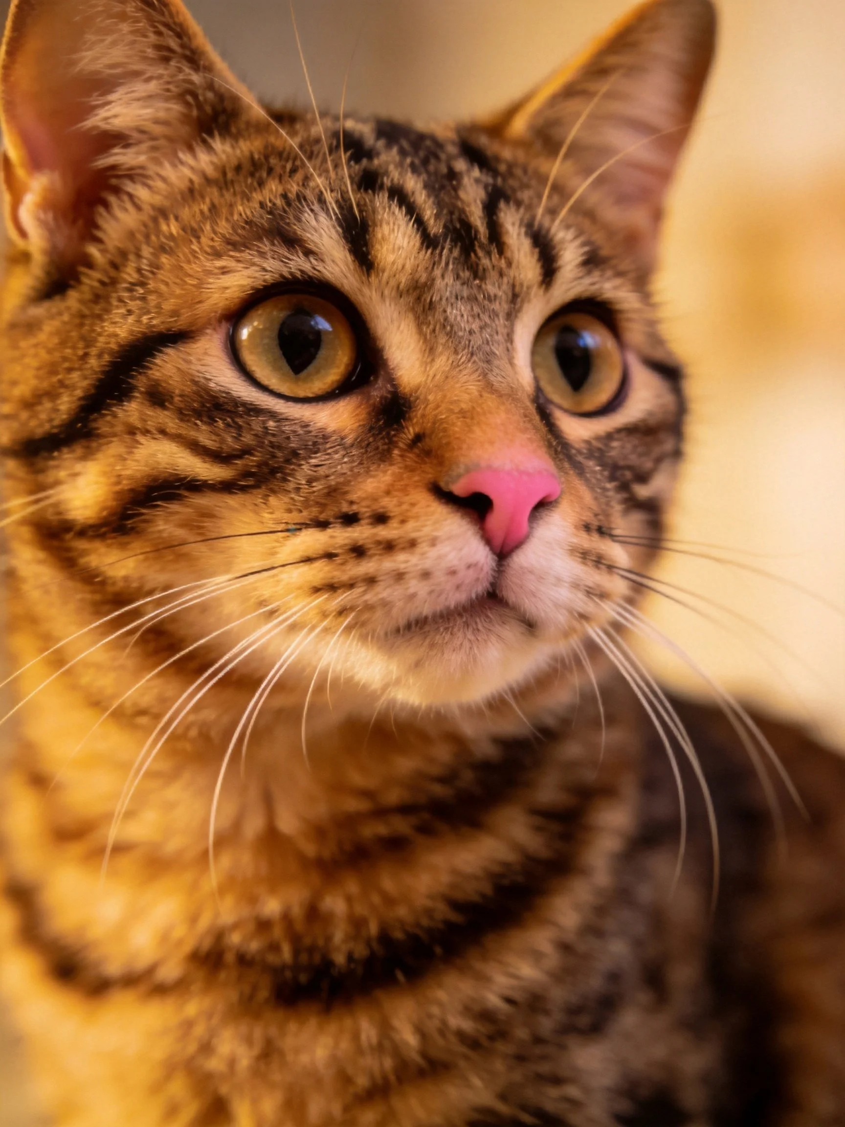 A close - up of a tabby cat with amber eyes and pink nose