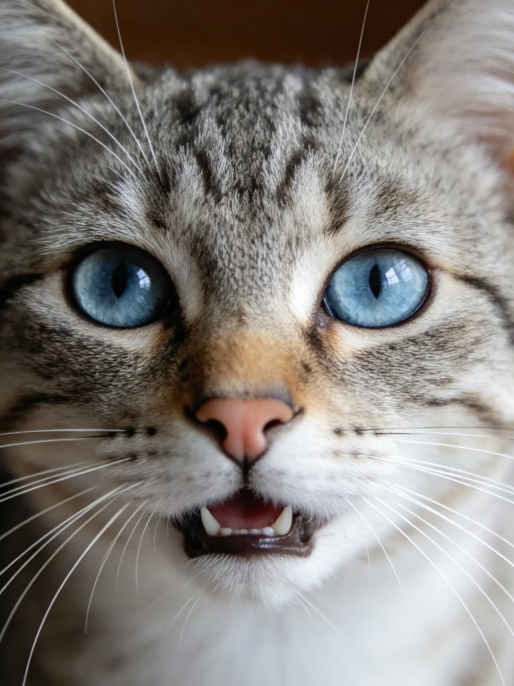 A close - up shows a tabby cat with vivid blue eyes.