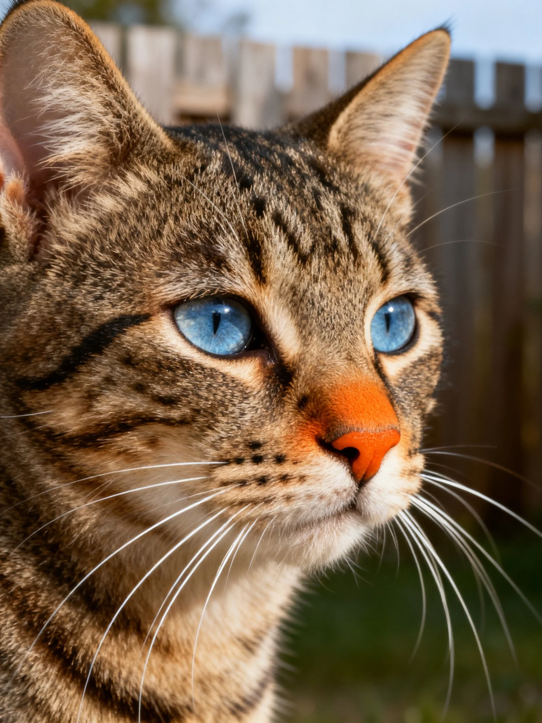 A close - up of a tabby cat with blue eyes and an orange nose.
