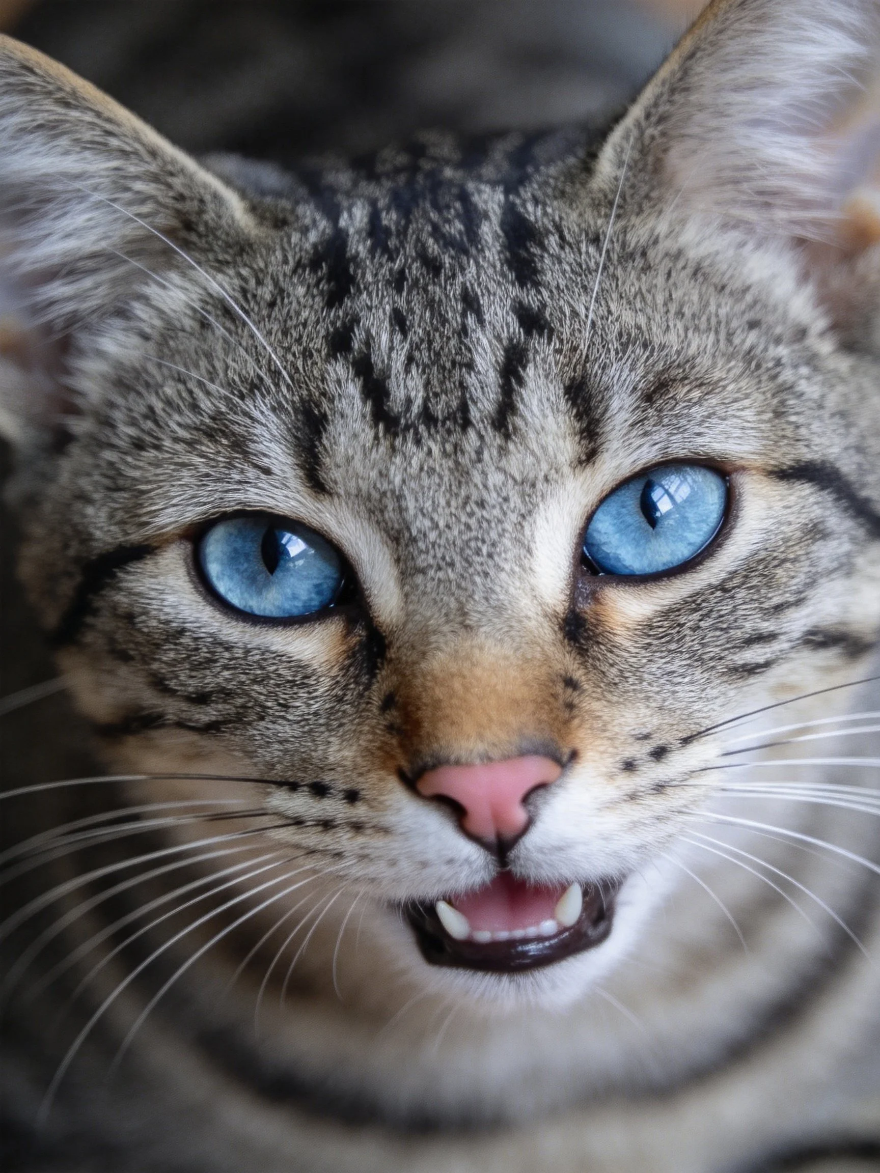 A close-up of a tabby cat with bright blue eyes and distinct markings.