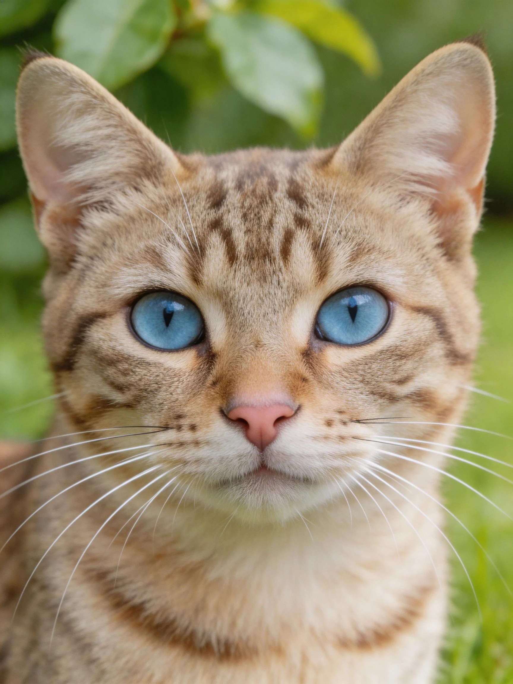 A tabby cat with striking blue eyes stands near green plants.