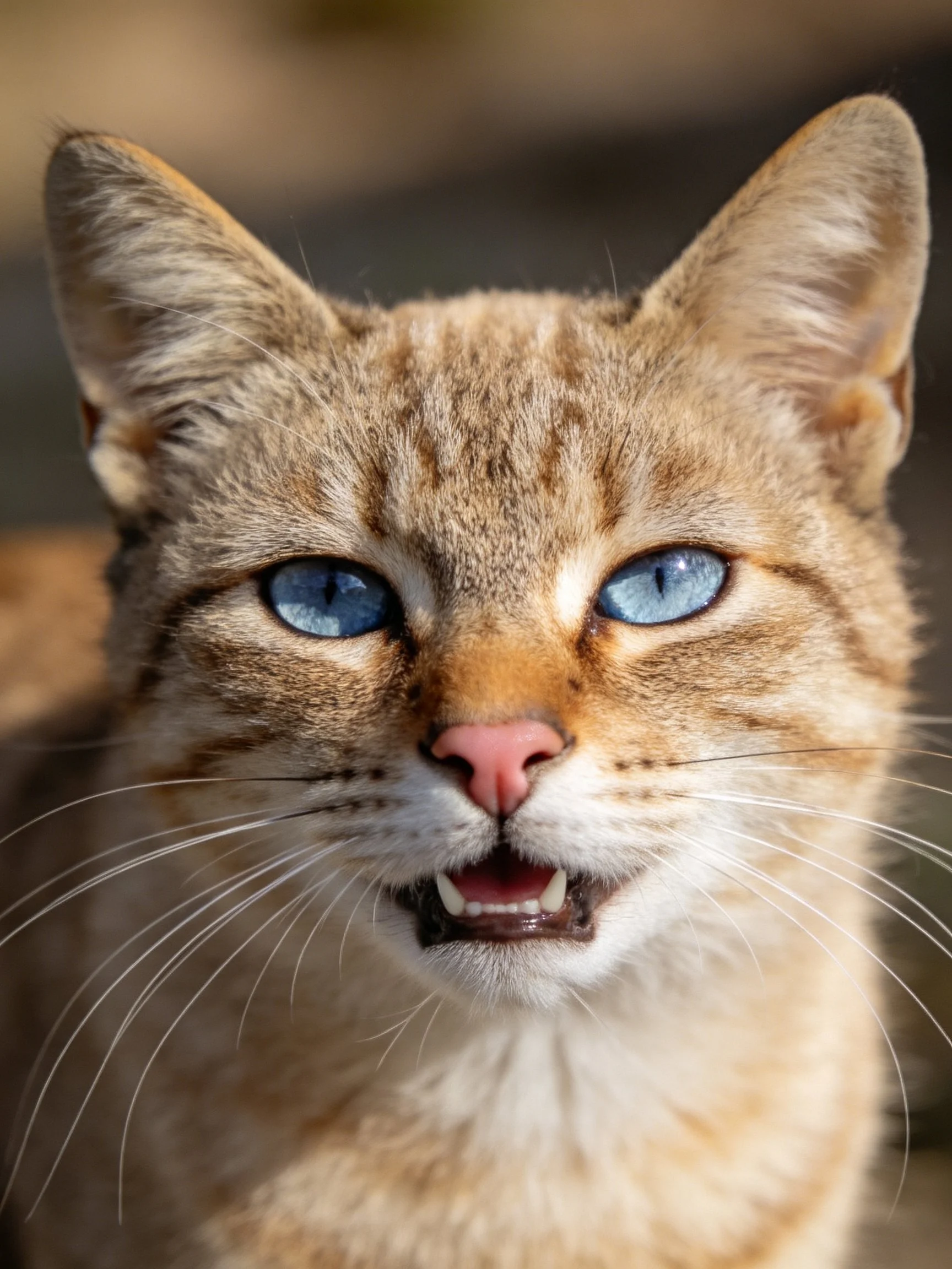 A close - up view of a tabby cat featuring bright blue eyes.