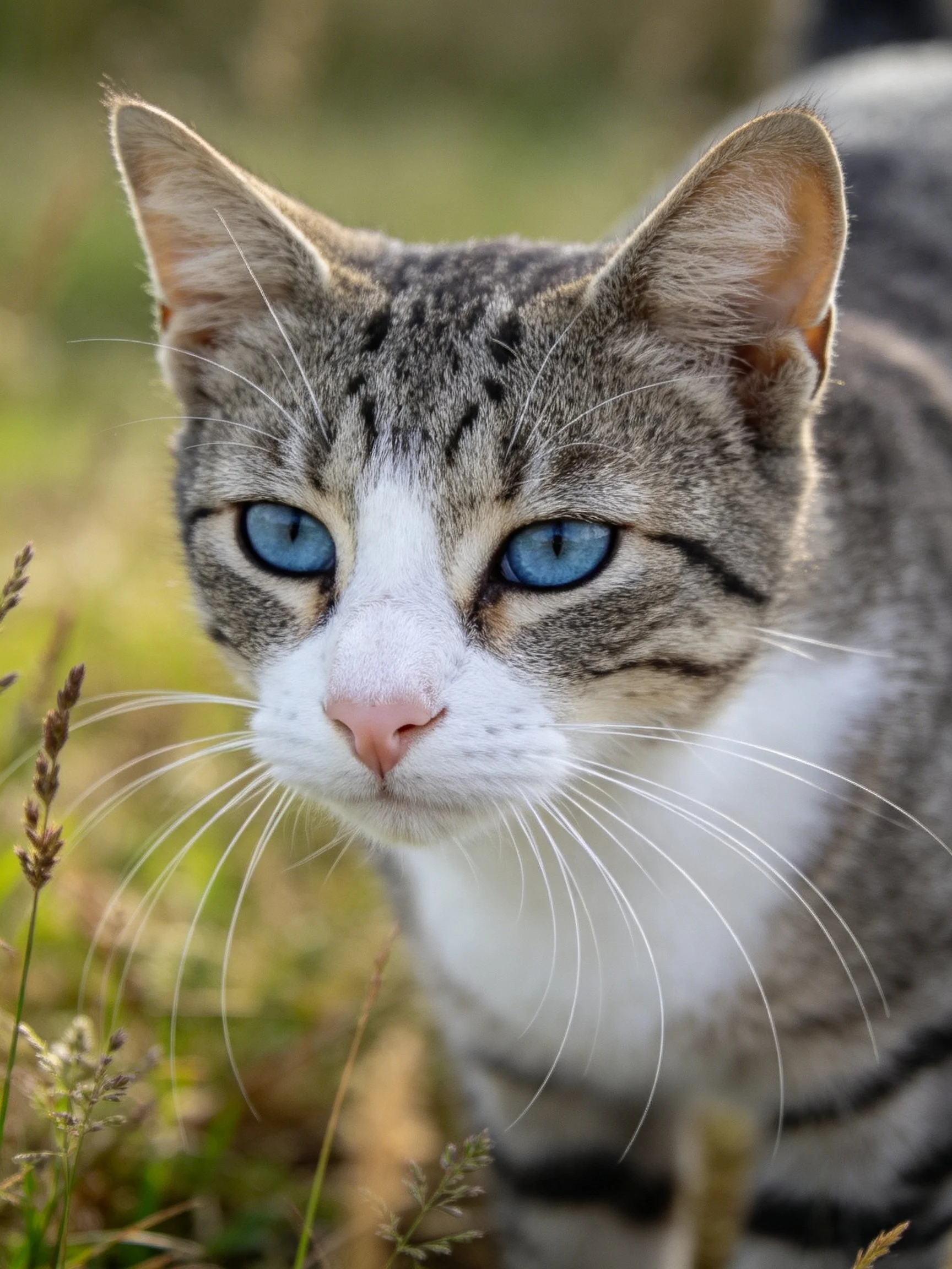 A tabby cat with bright blue eyes is photographed near grass.