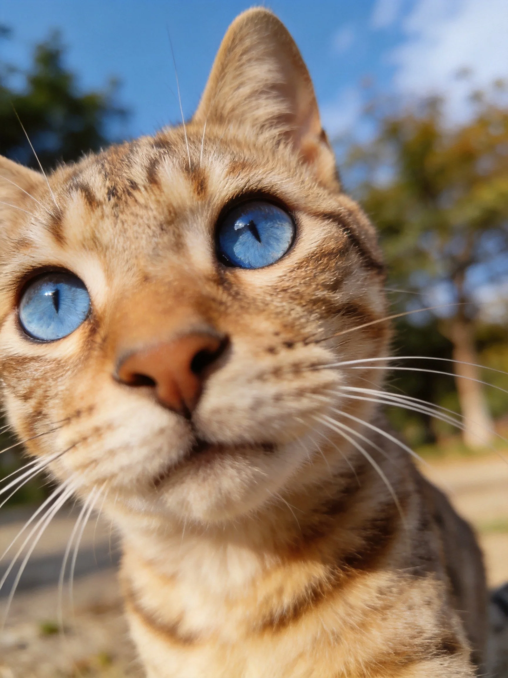 A tabby cat with striking blue eyes is photographed closely in an outdoor setting.