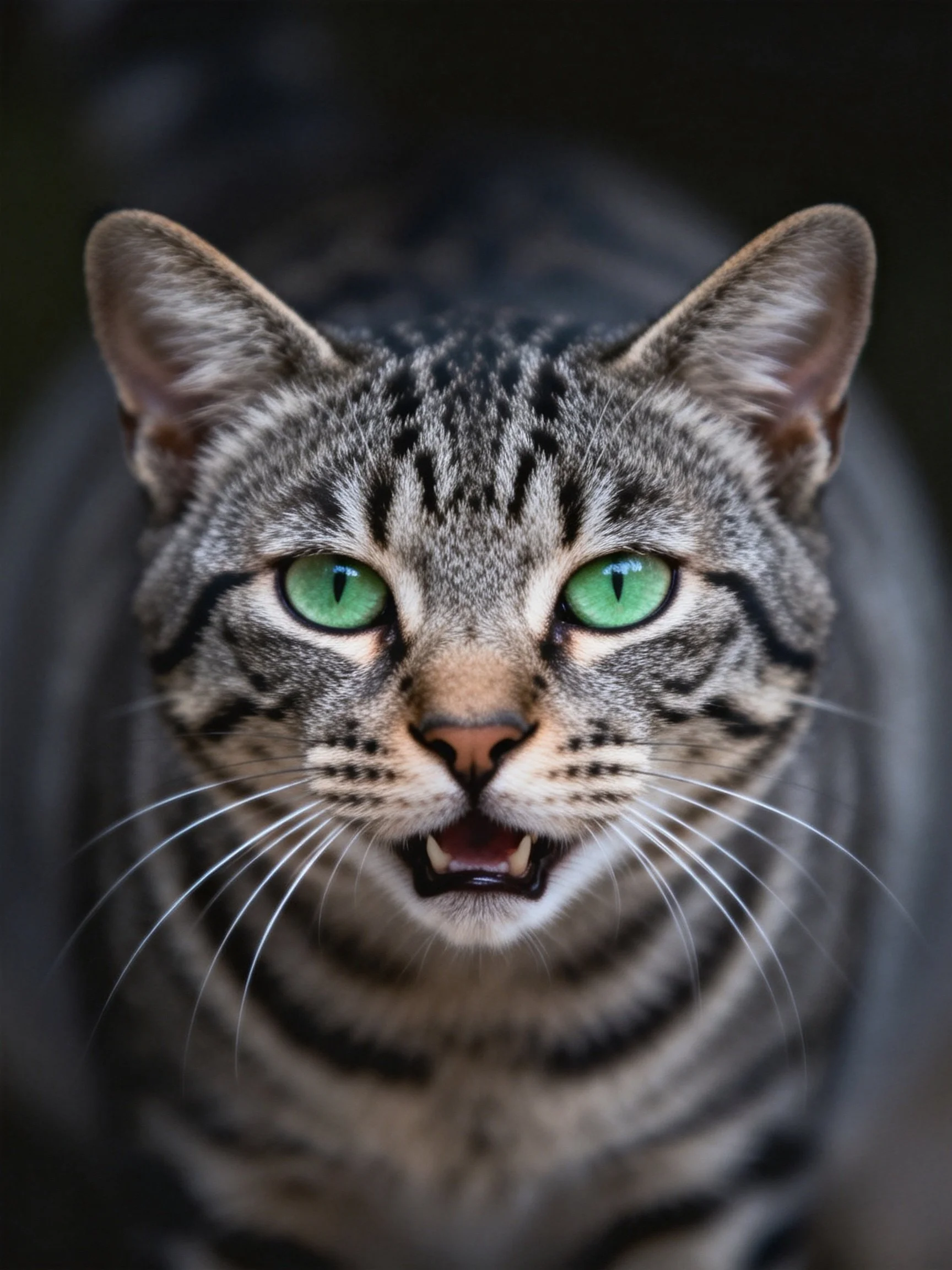 A close - up highlights a tabby cat with vivid green eyes.