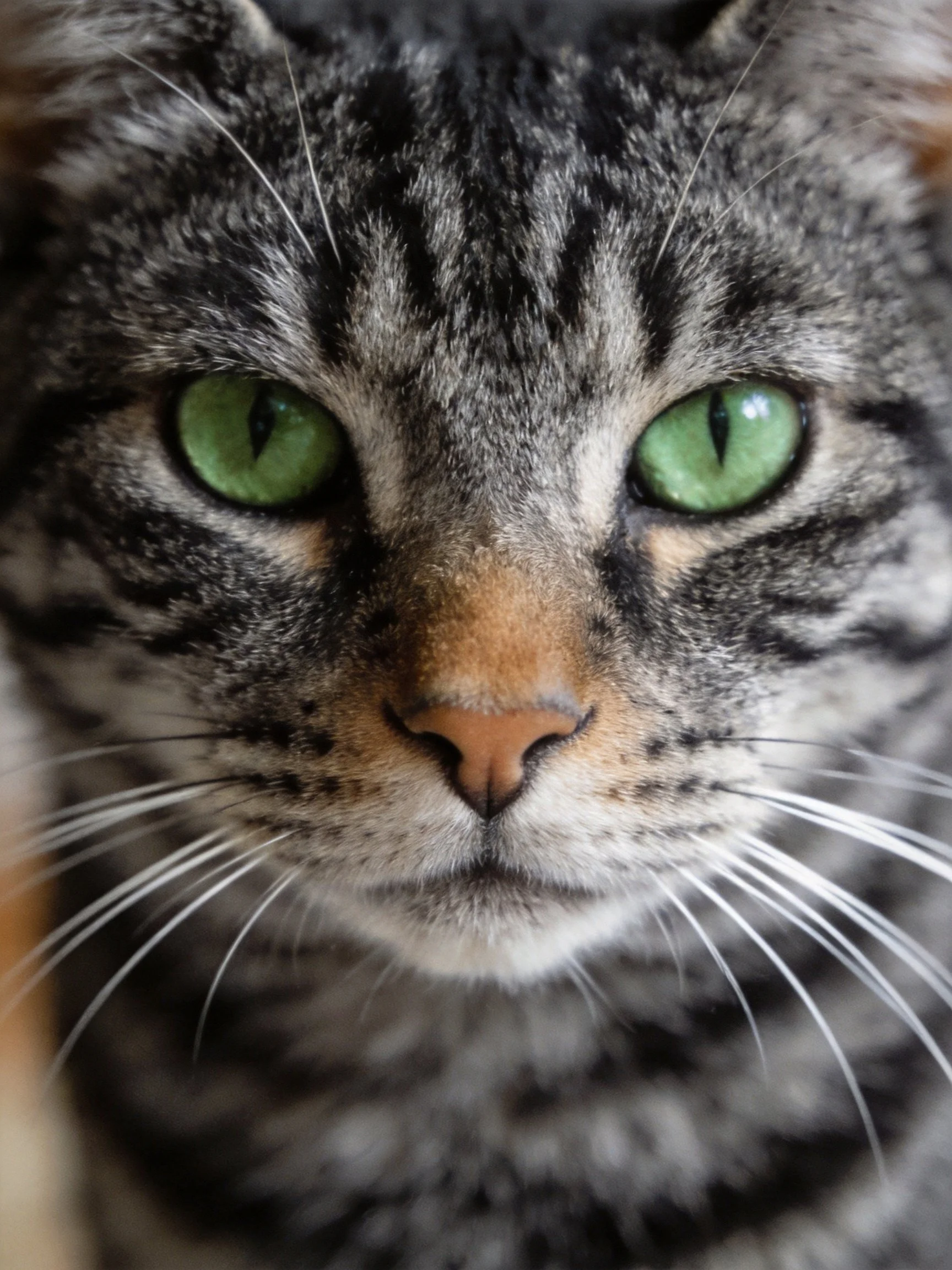 A close - up shows a tabby cat with striking green eyes.