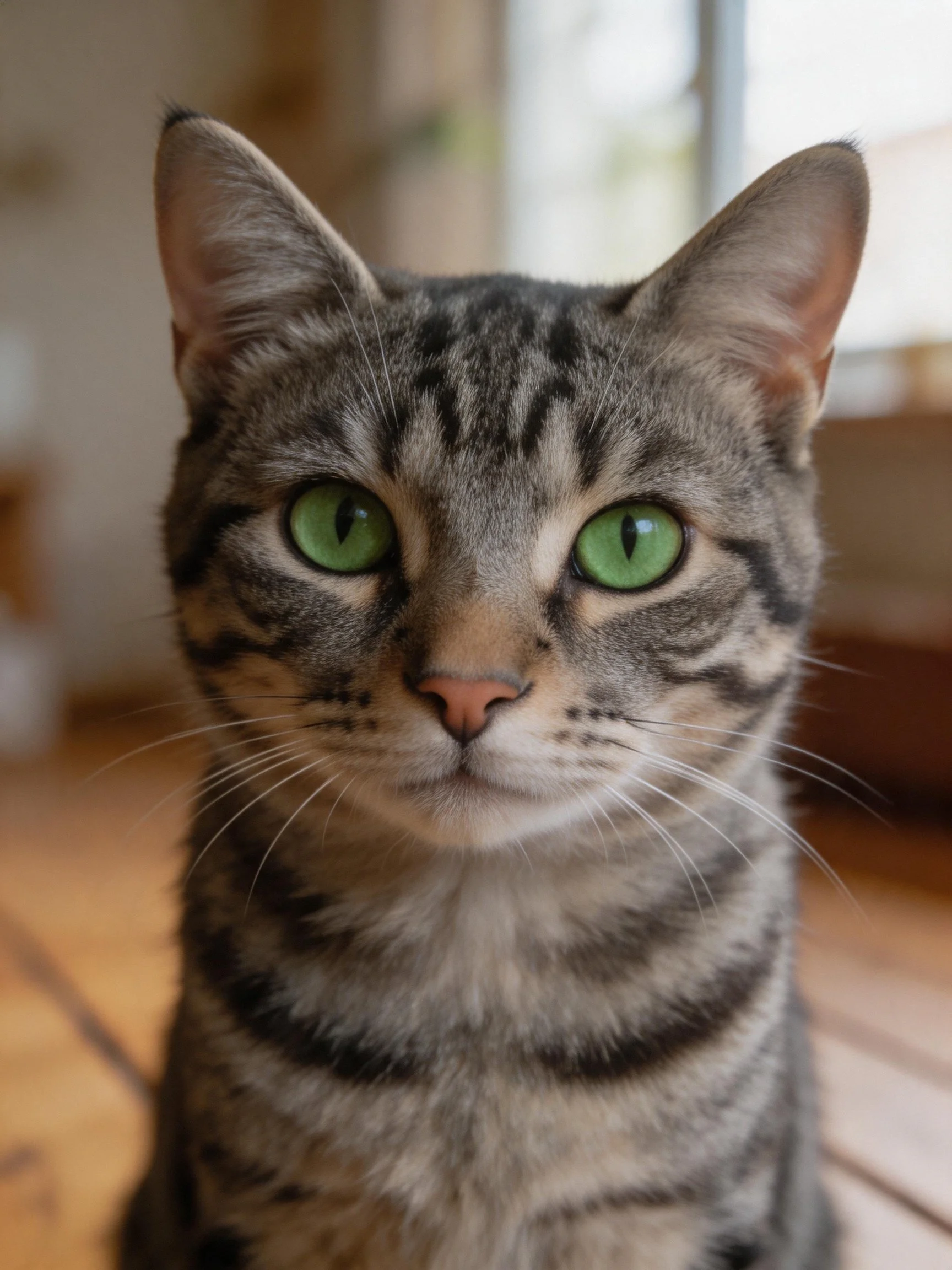 A tabby cat with bright green eyes is centered in focus amid a softly blurred indoor setting.