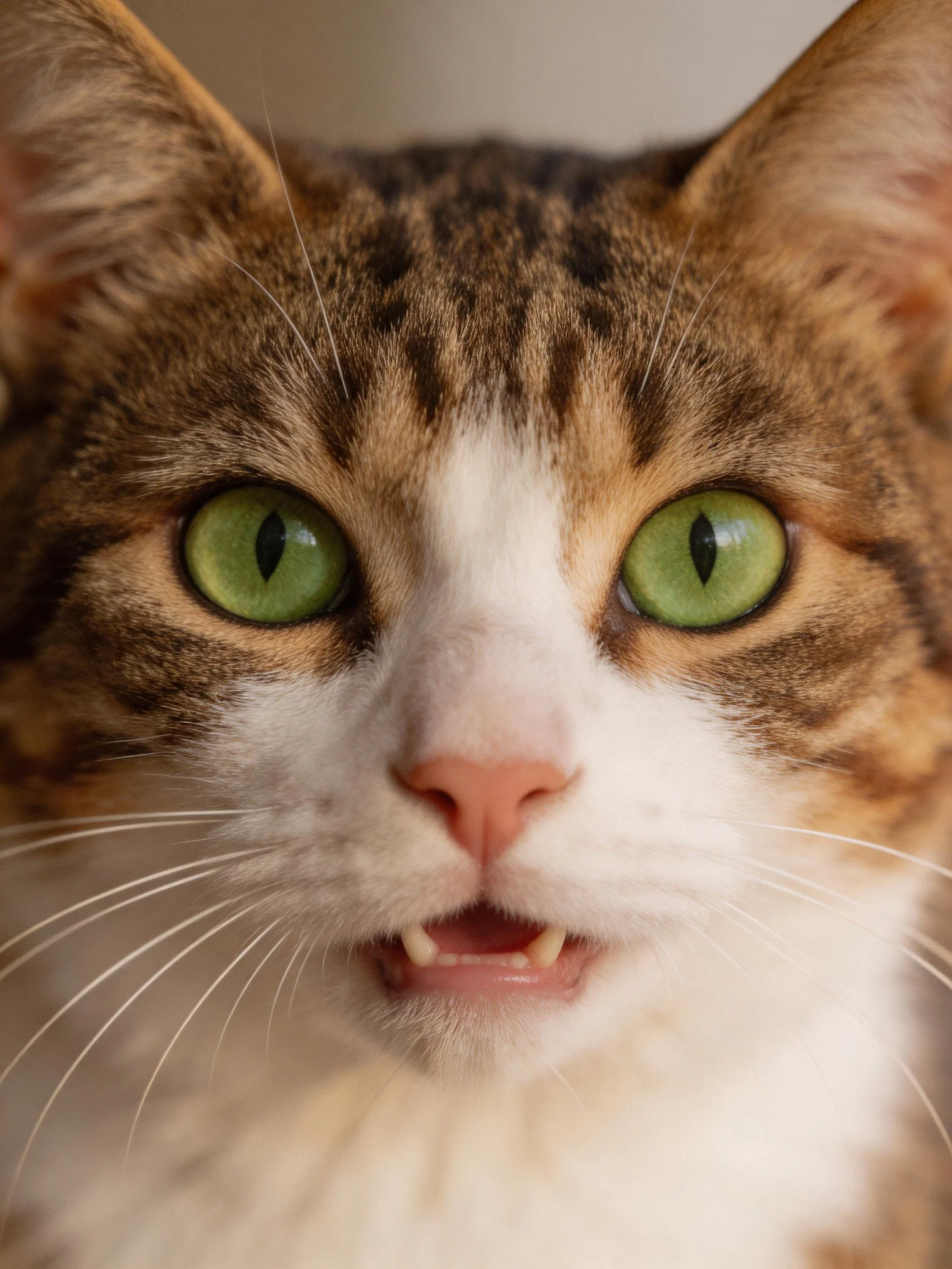 A close - up shows a cat with bright green eyes and an open mouth.