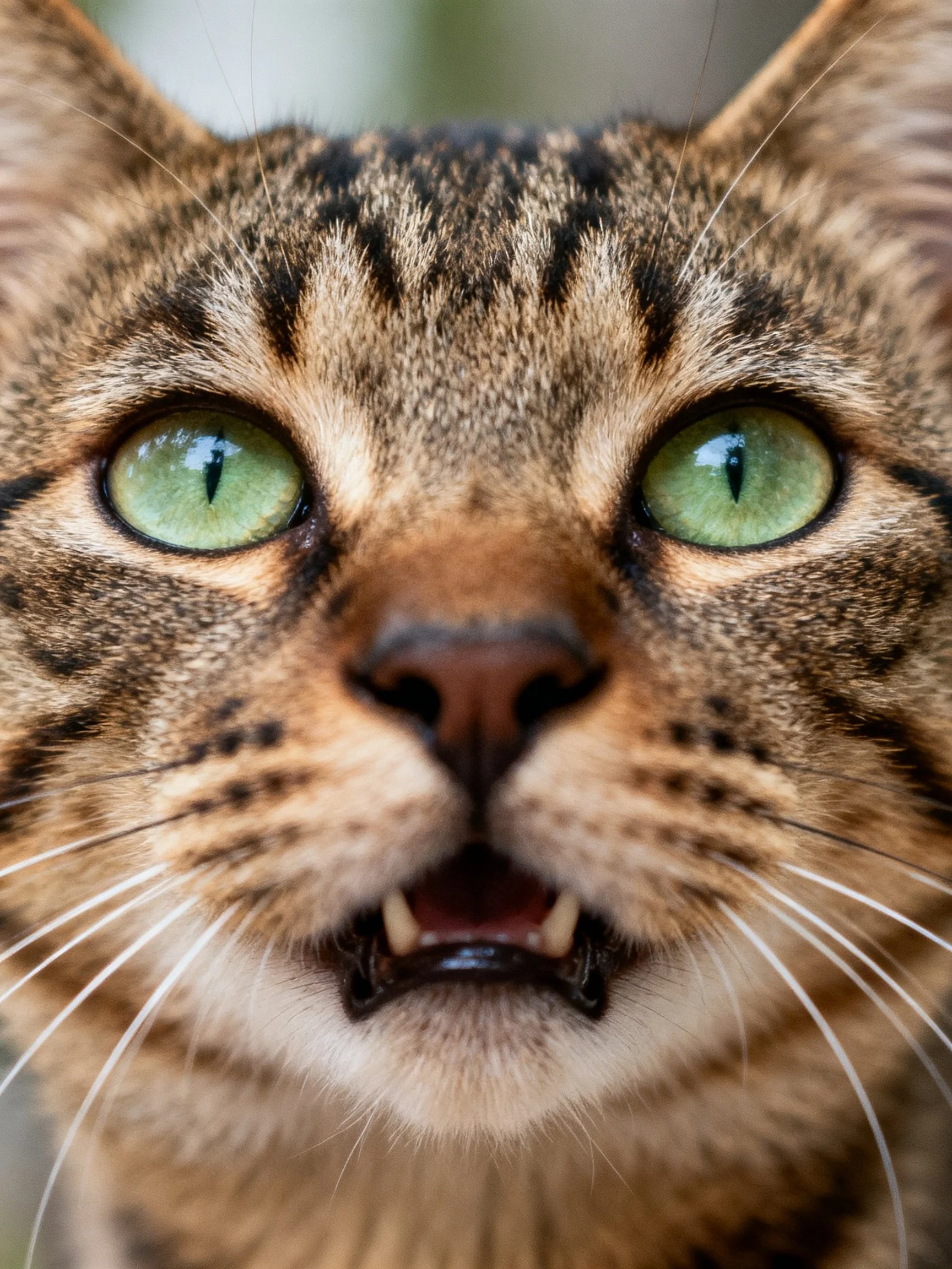 A tabby cat with bright greeneyes is captured in a close - up.