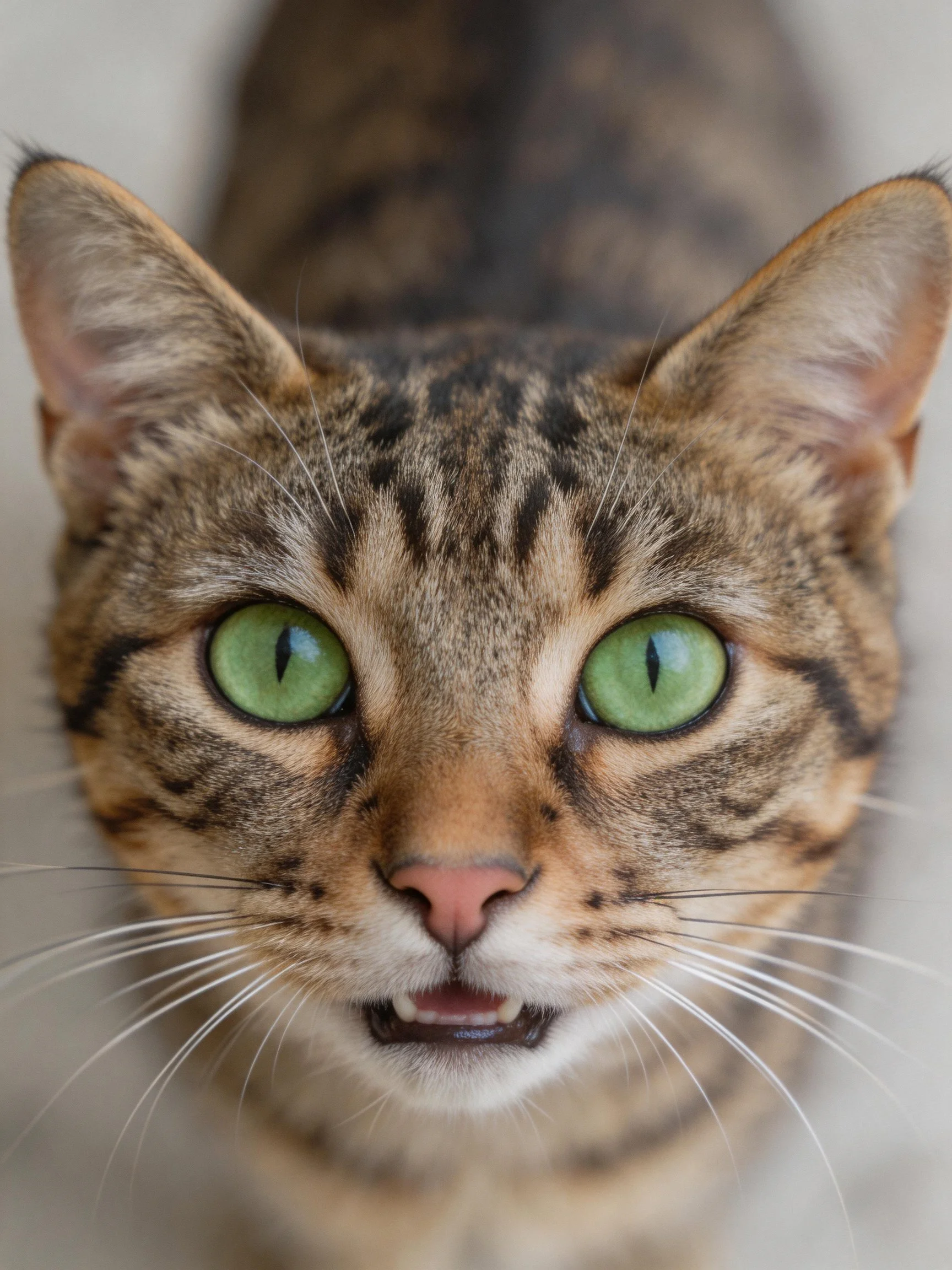 A tabby cat with striking green eyes looks directly at the viewer.