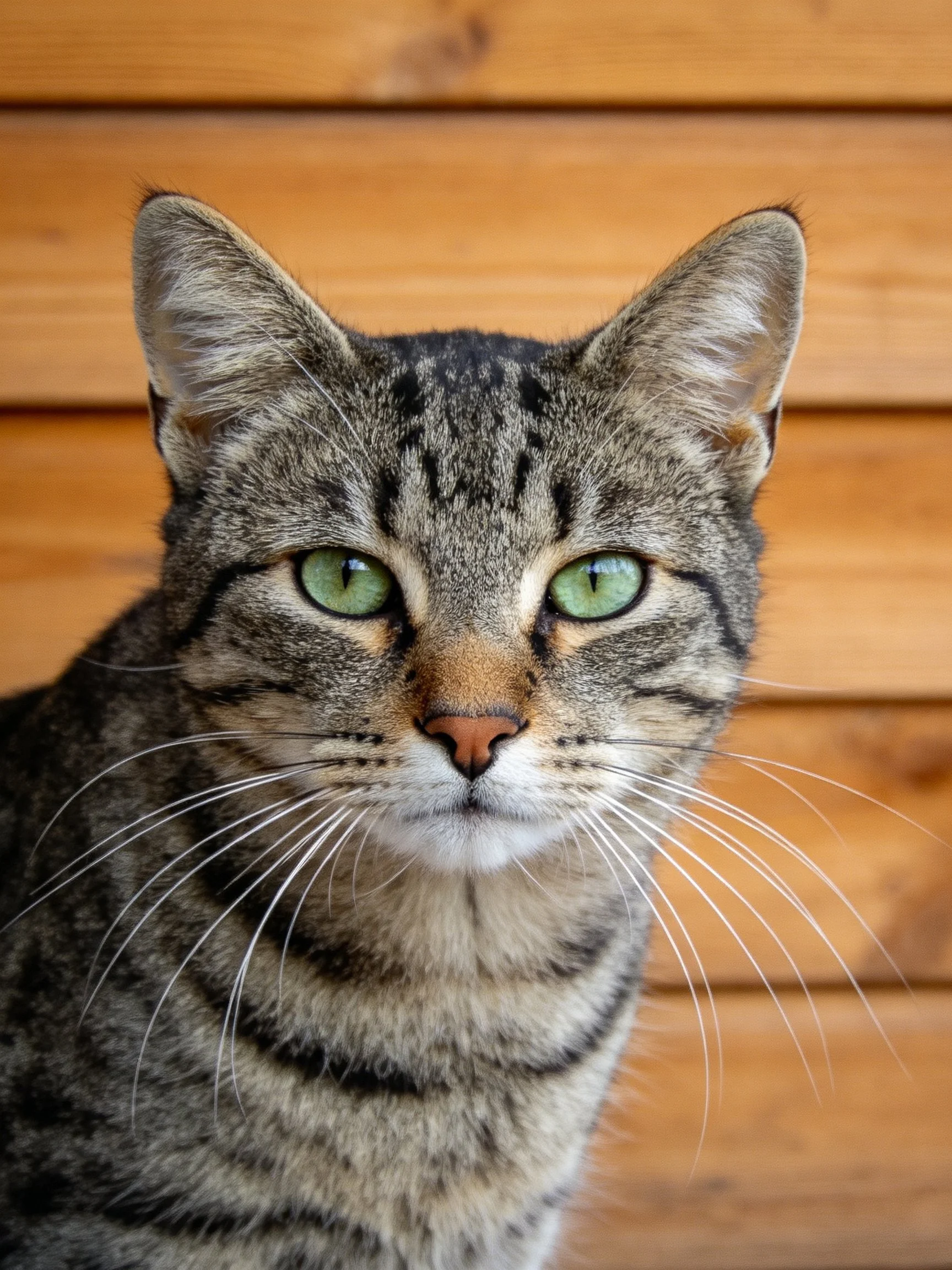 A tabby cat with bright green eyes is photographed closely beside wooden paneling.