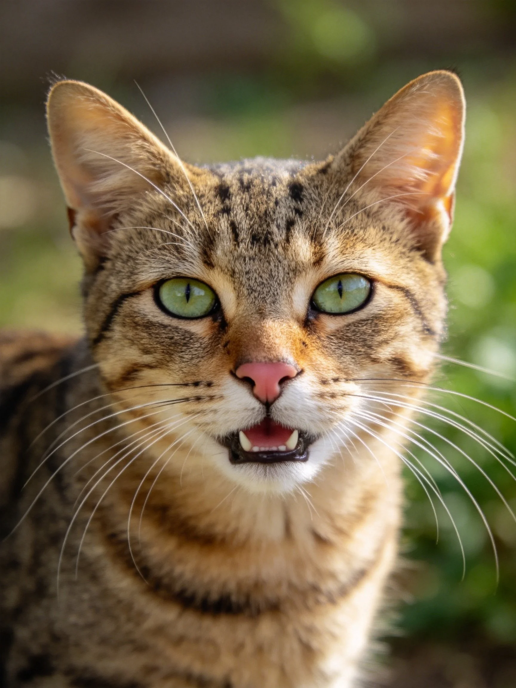 A tabby cat with green eyes and an open mouth is shown up close.