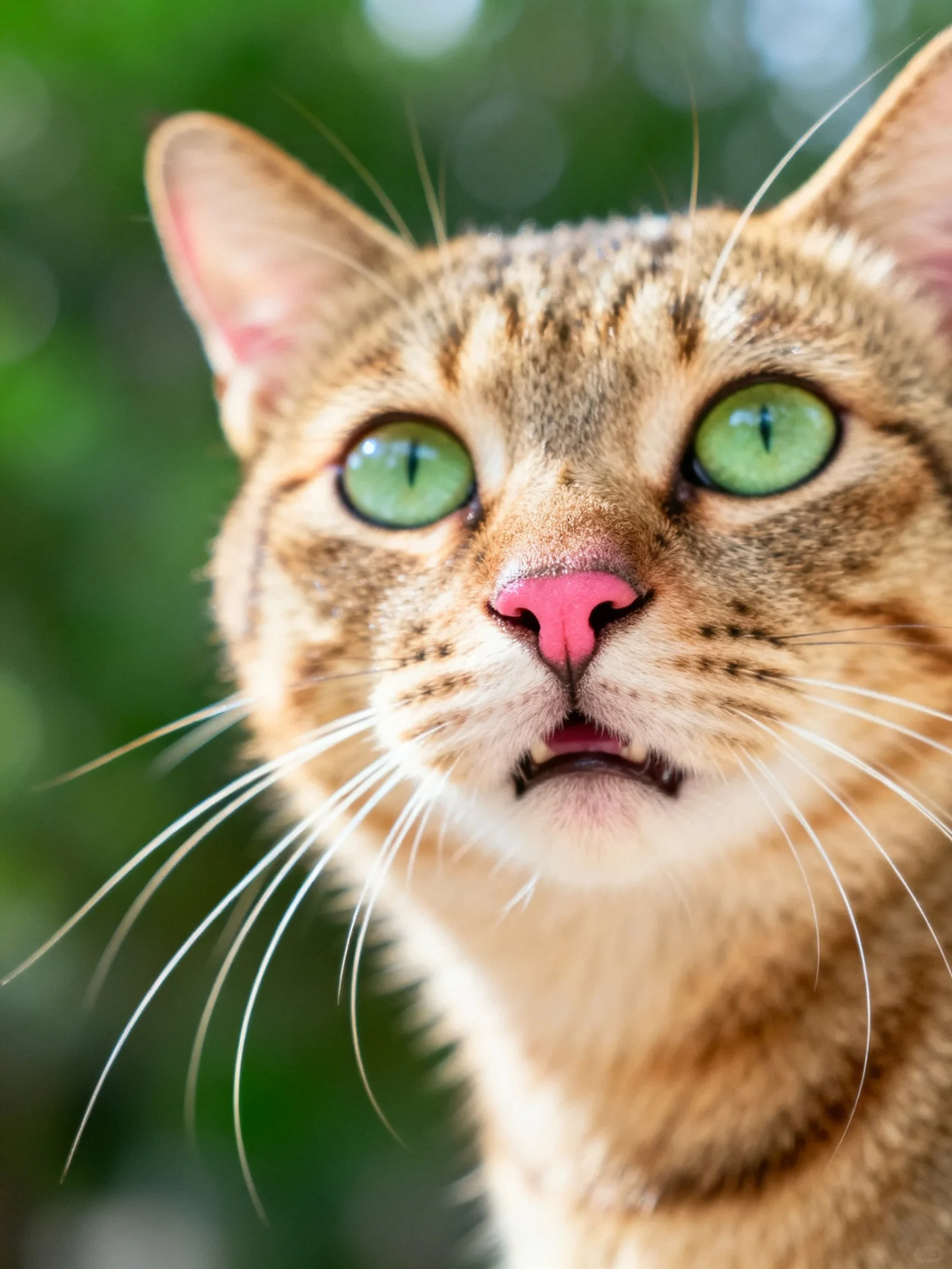 A tabby cat with green eyes and pink nose is shown in a close - up.