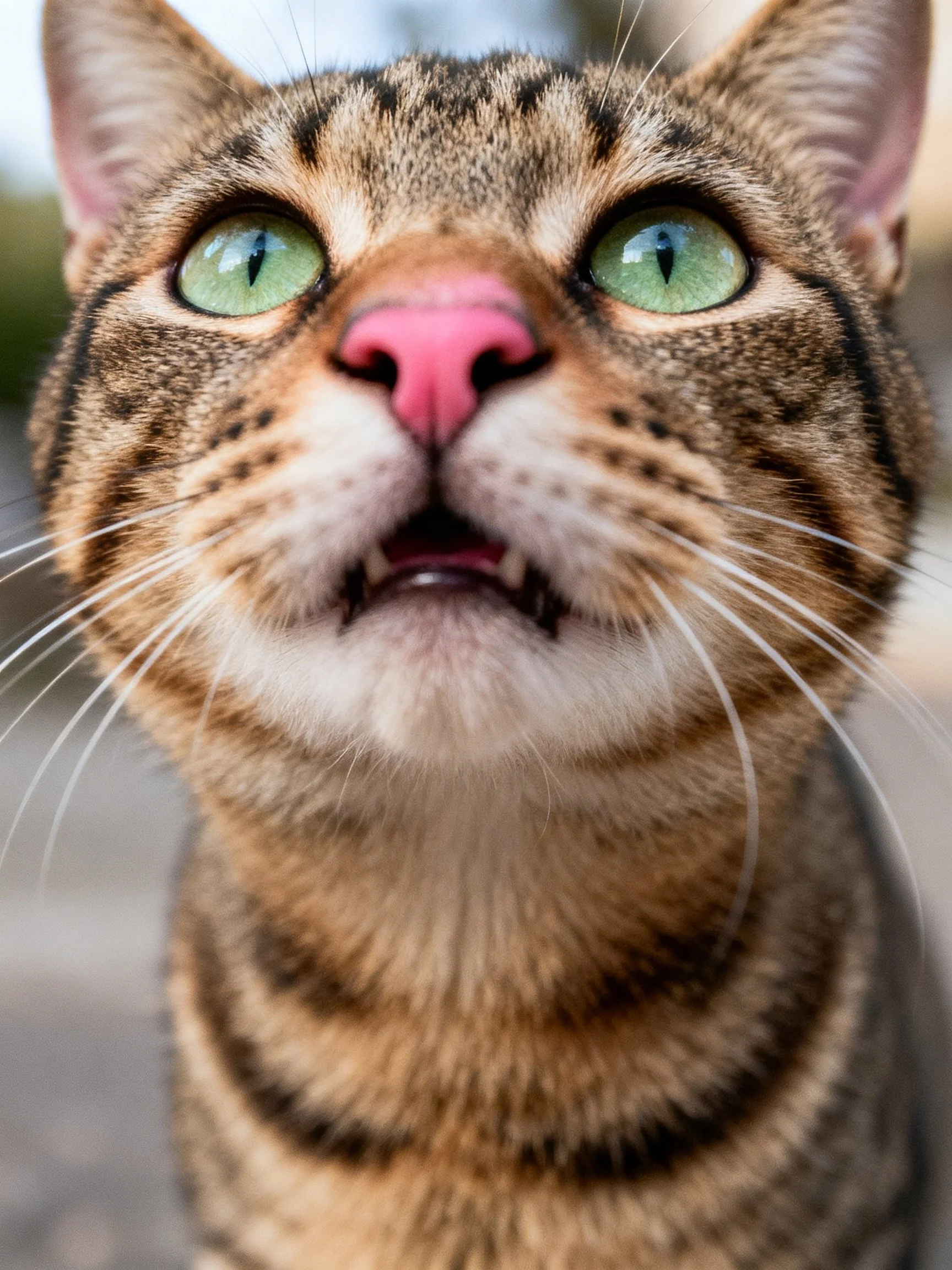 A close - up shows a tabby cat with green eyes and an open mouth.