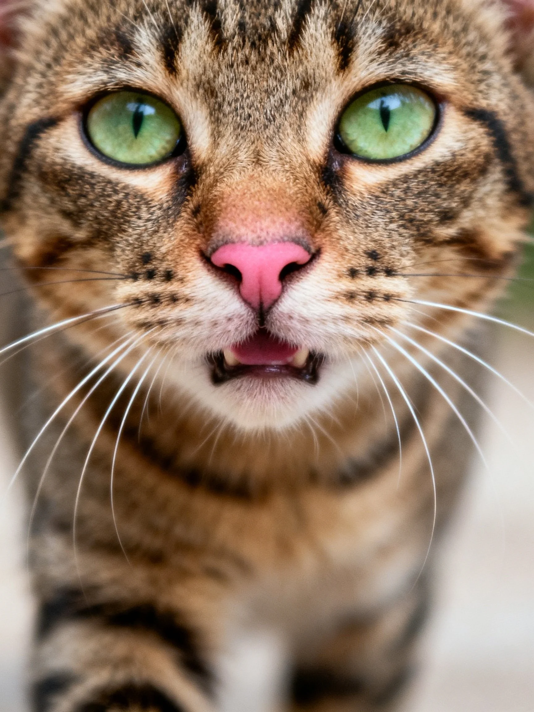 A close - up highlights a tabby cat’s expressive face with green eyes and pink nose.