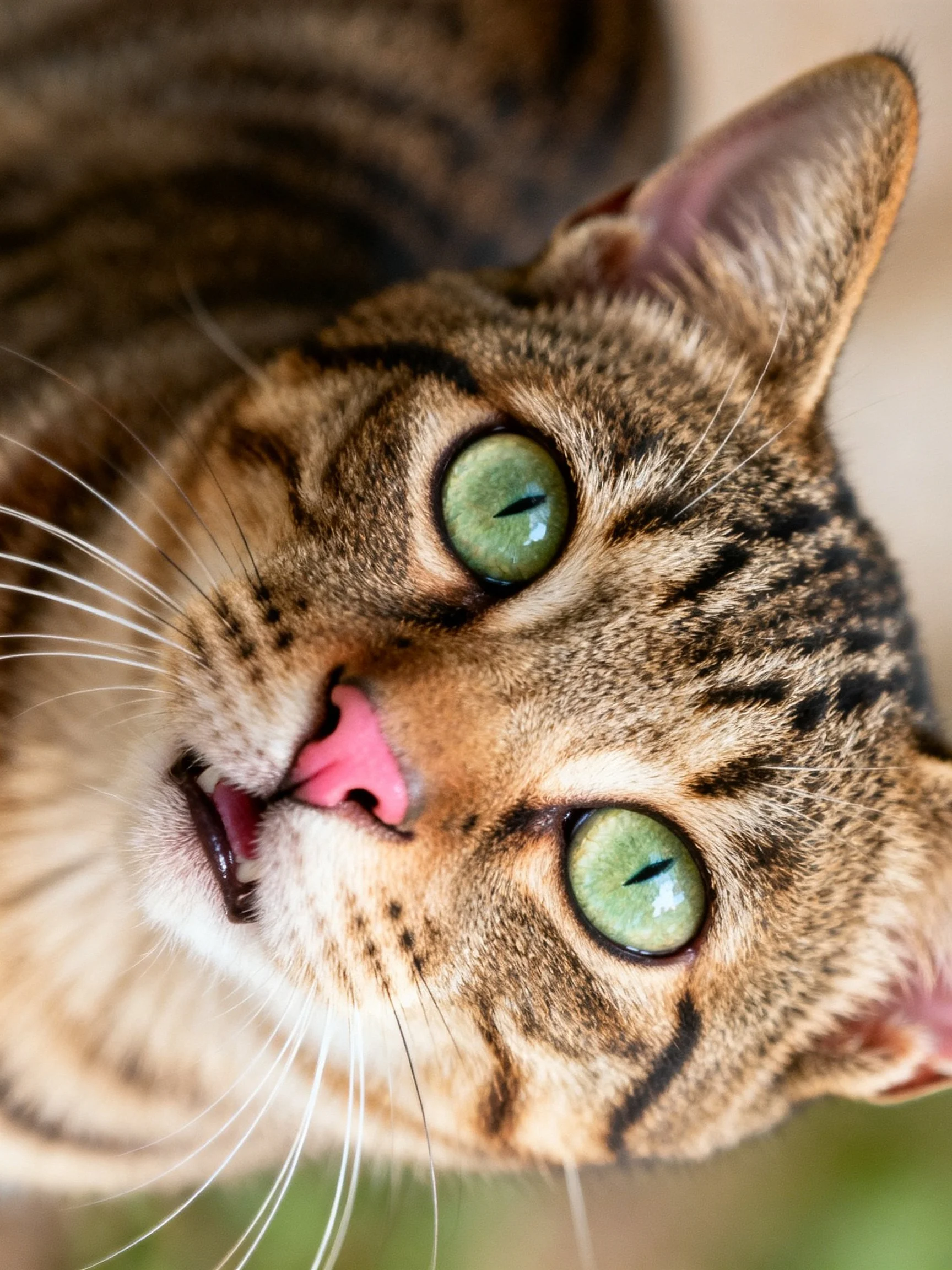 A tabby cat with bright green eyes is shown in a close - up photograph.