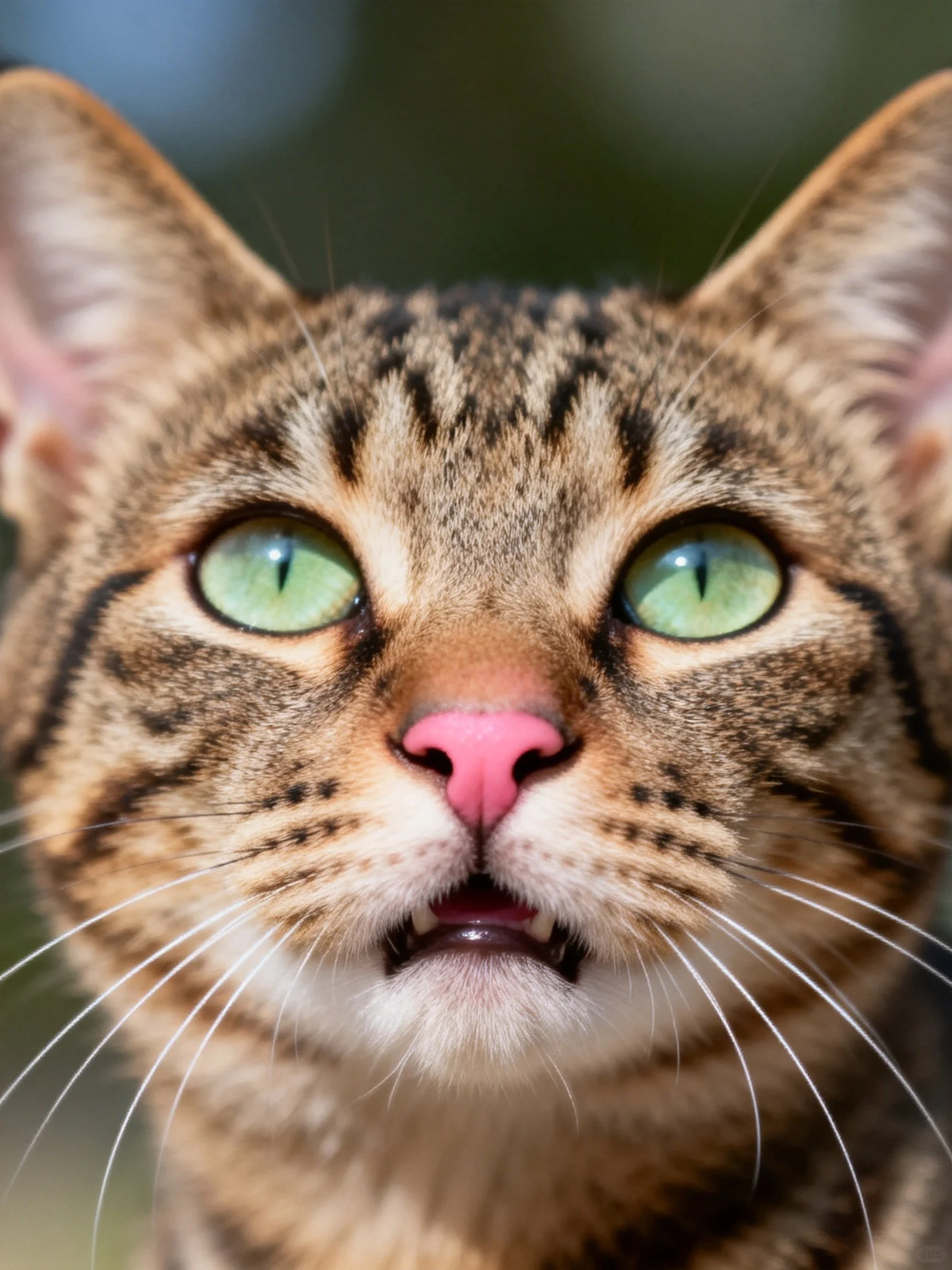 A tabby cat with green eyes and pink nose is photographed in a close-up photograph.