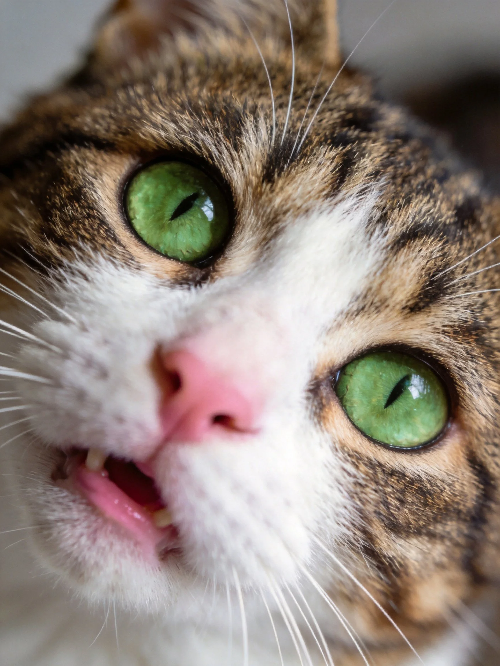 A close - up shows a tabby cat with bright green eyes and an open mouth.