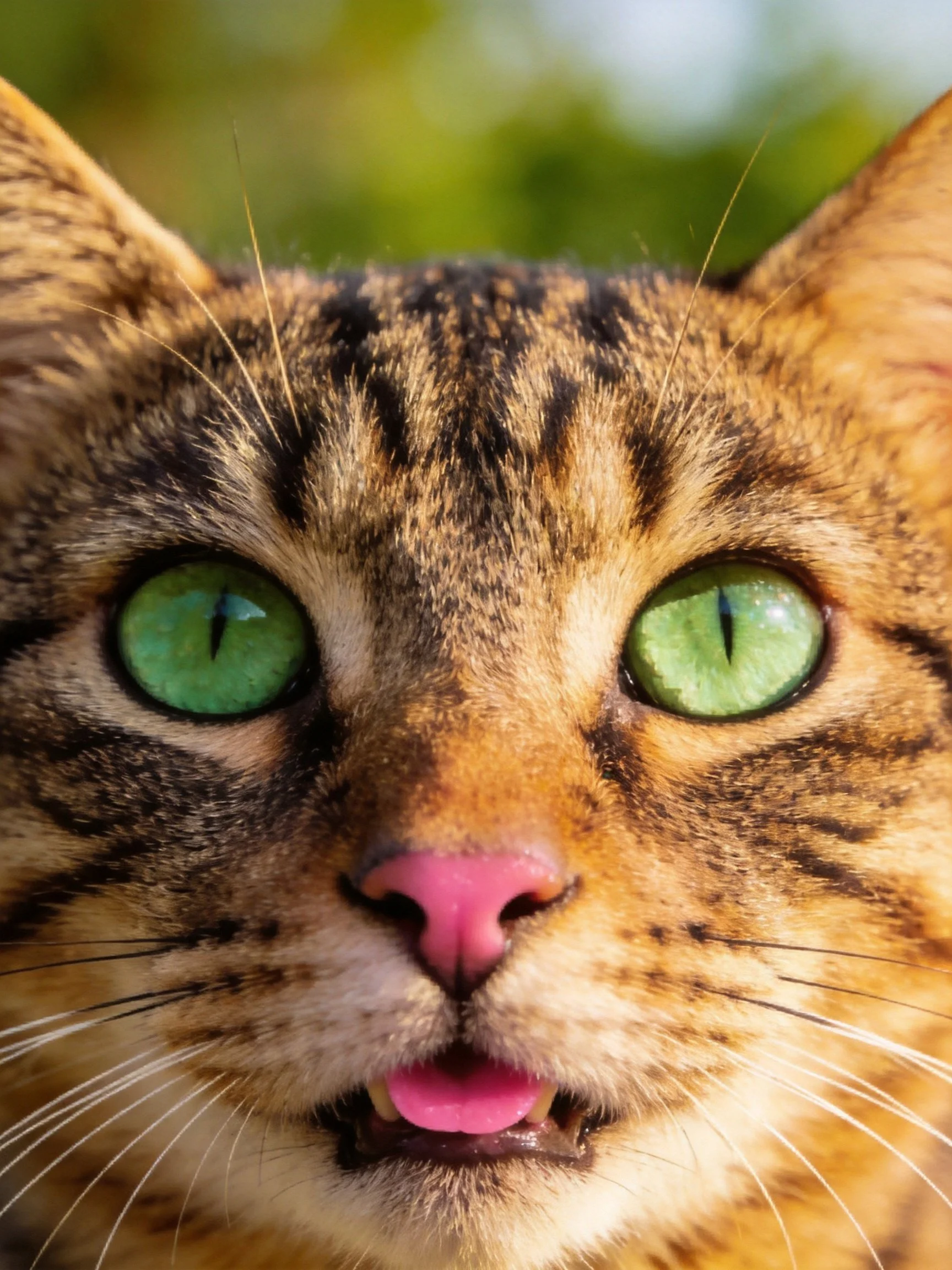 A close - up displays a tabby cat with vivid green eyes and a pink nose.