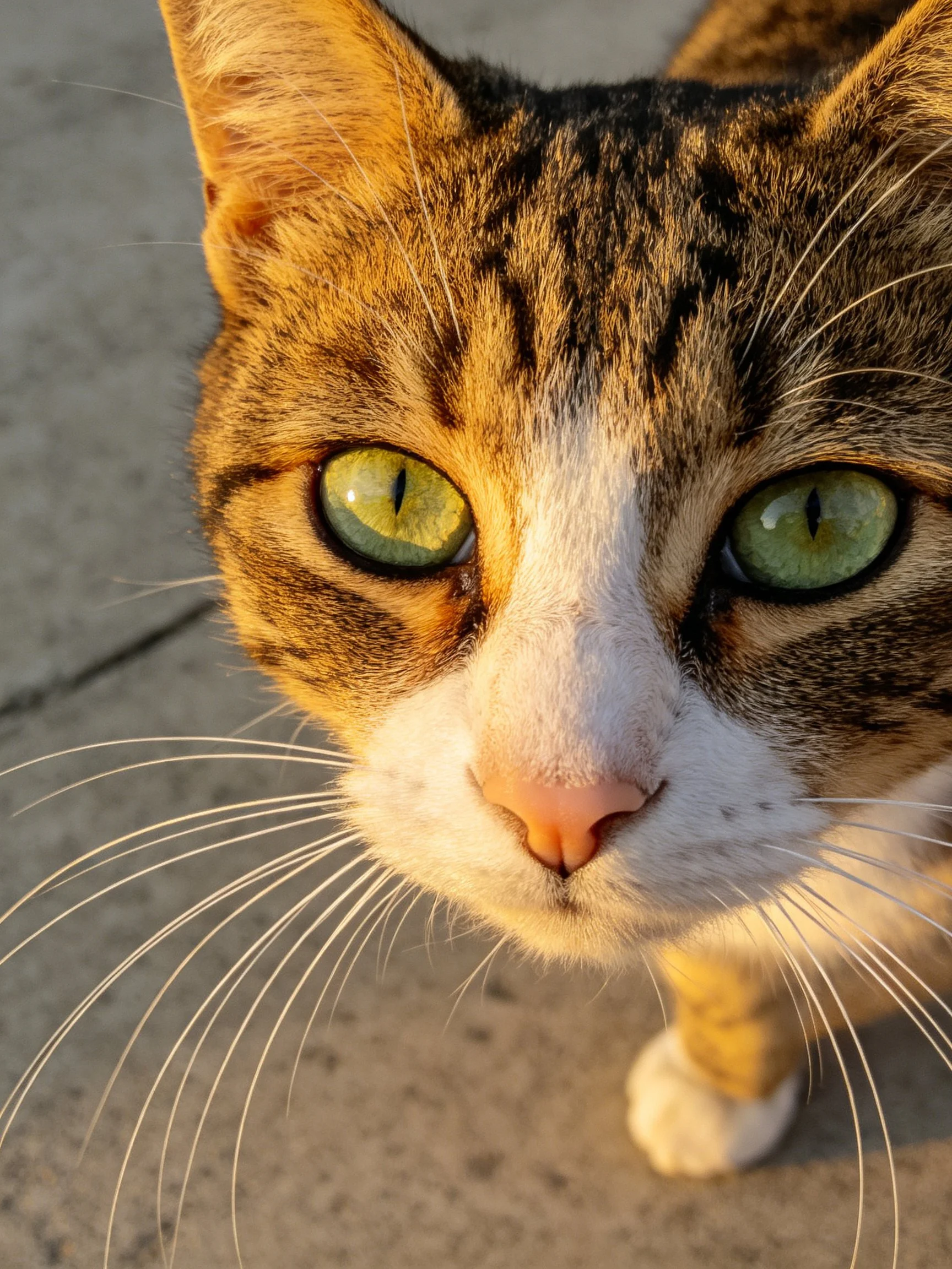 A close - up of a tabby cat with bright green eyes and white facial markings.