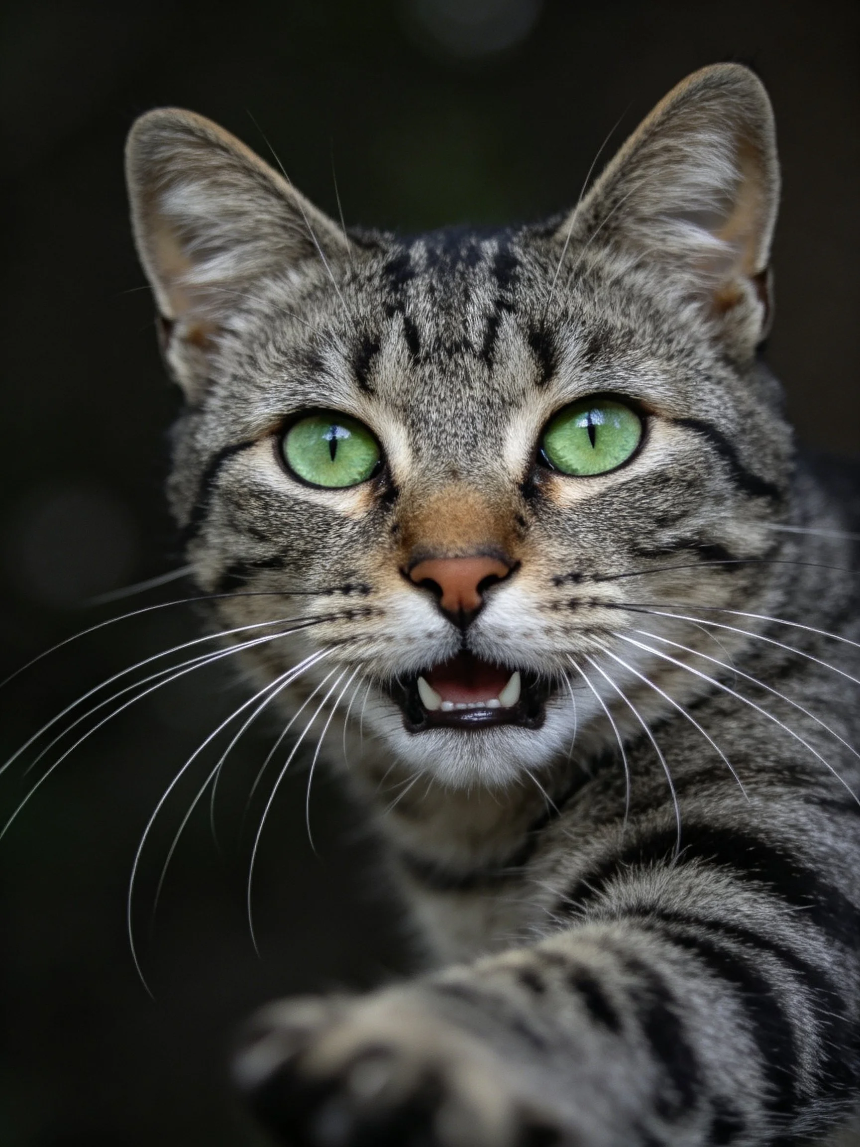 A tabby cat with bright green eyes is photographed closely.