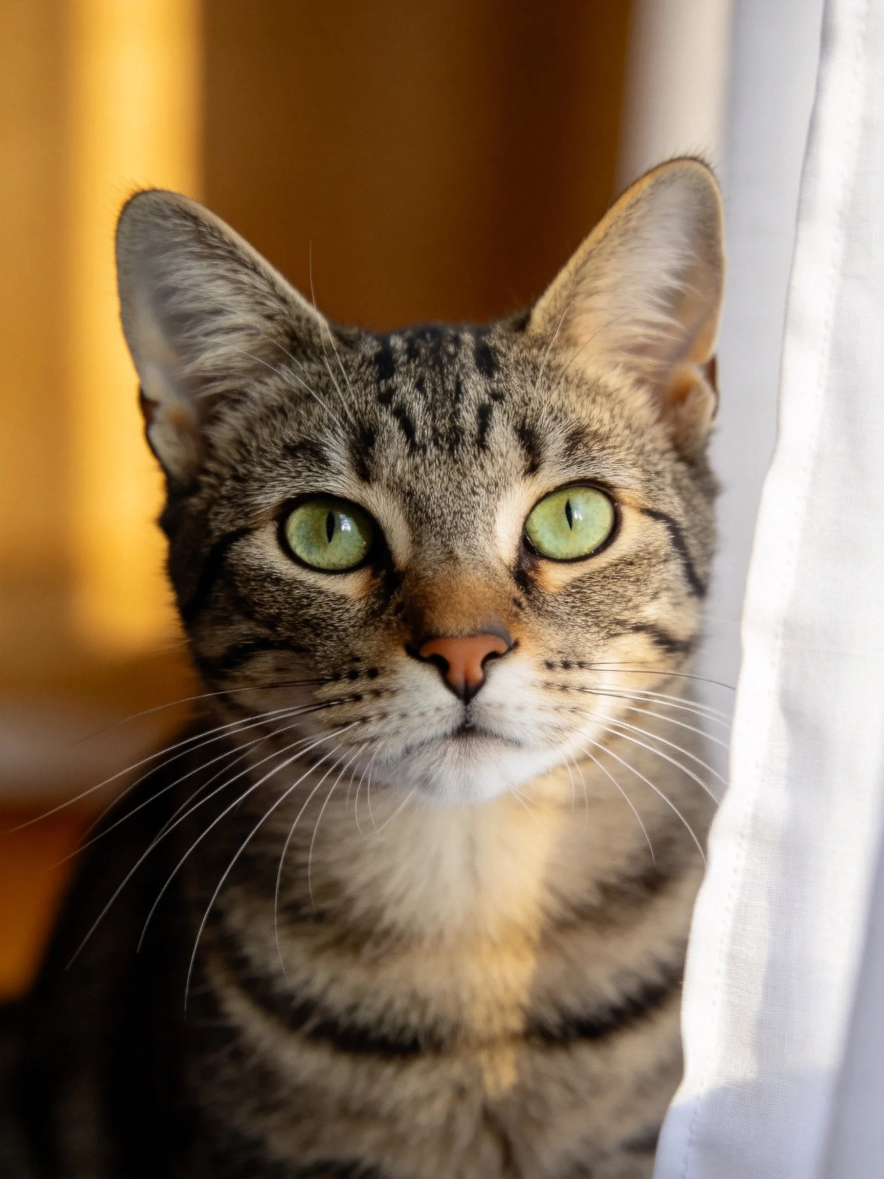 A tabby cat with green eyes is near a white curtain.